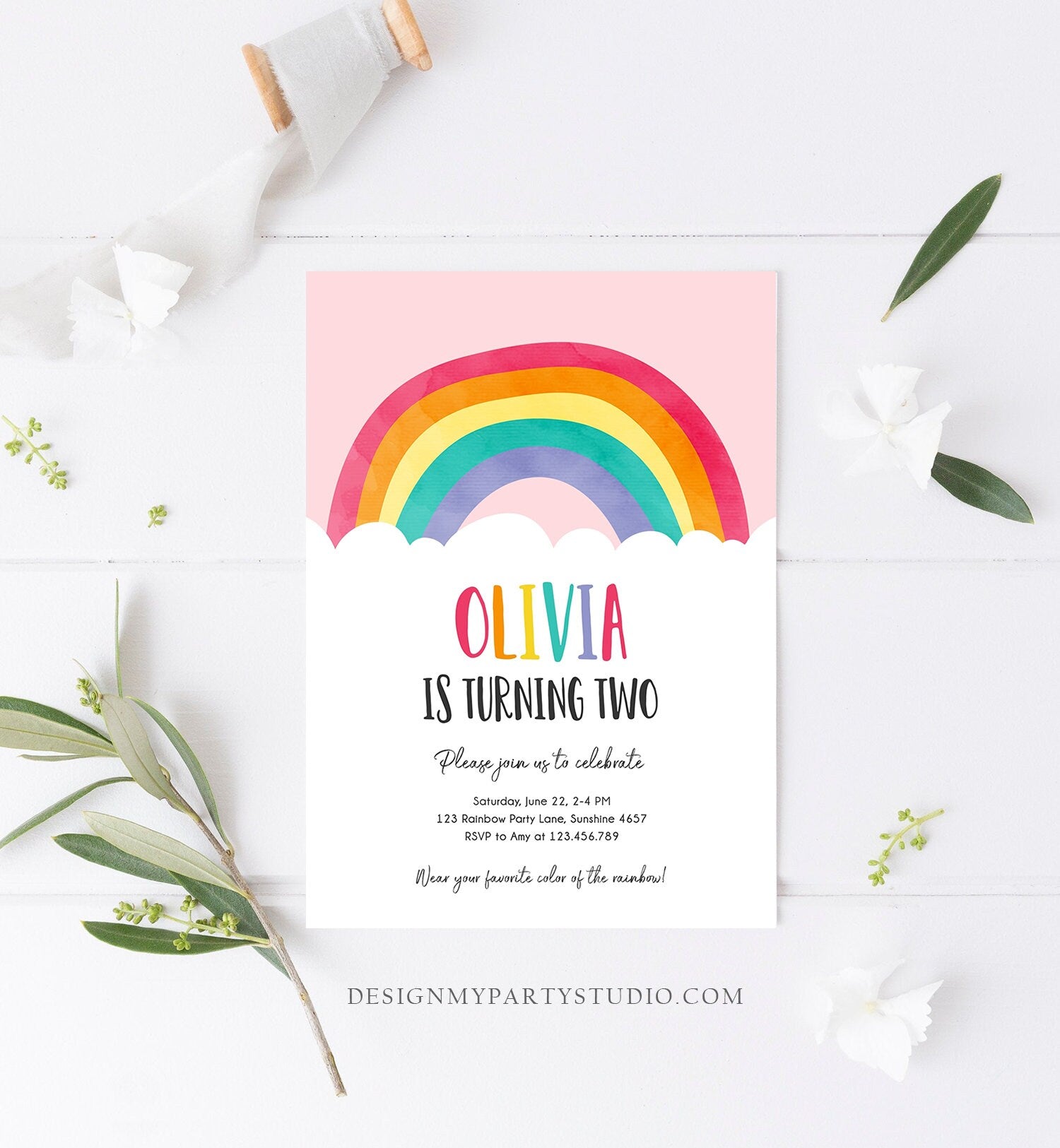 Editable Rainbow Birthday Invitation Boy Girl Neutral Clouds Pink Rainbow Fun Over the Rainbow Party Digital Corjl Template Printable 0272