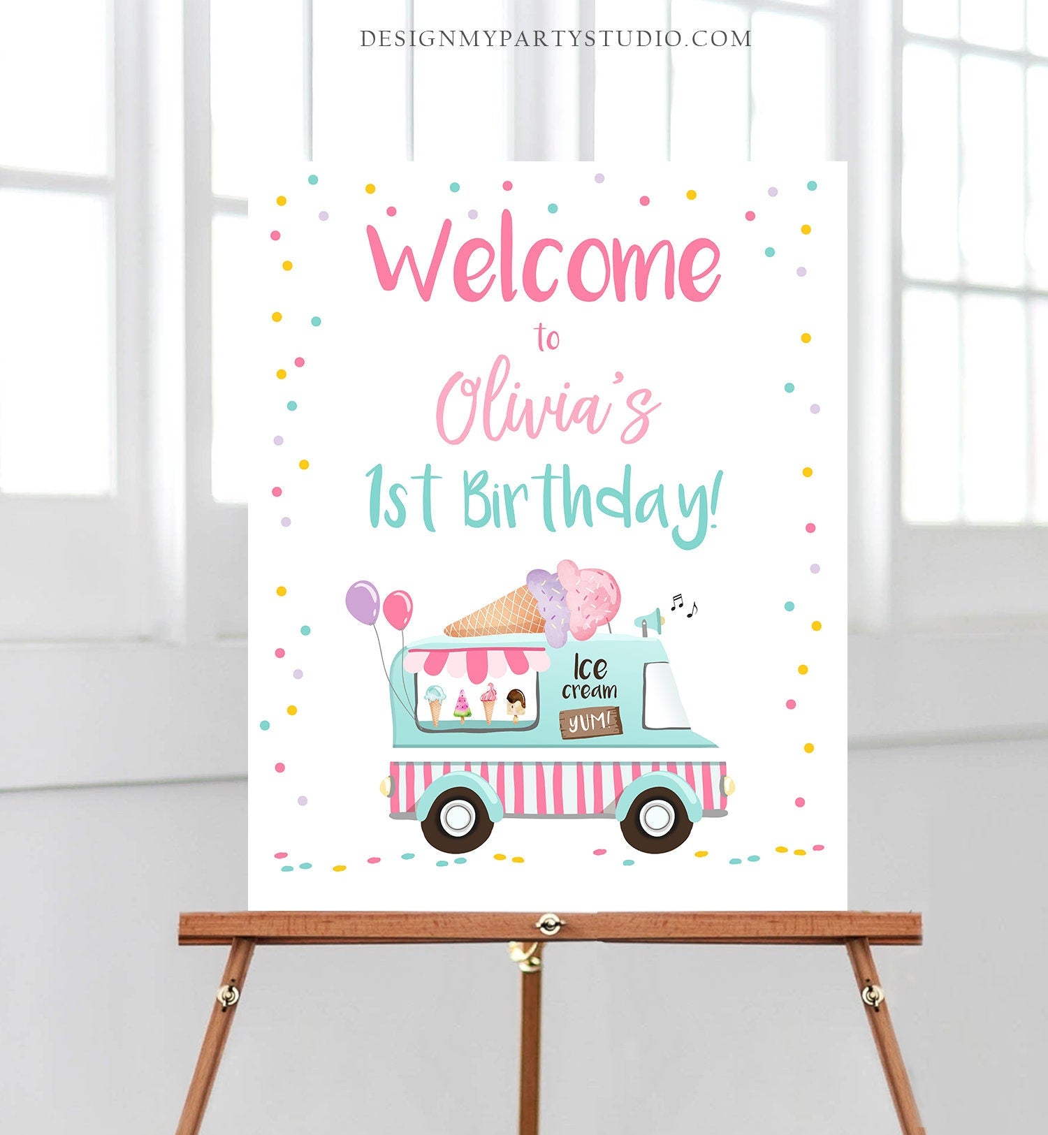 Editable Ice Cream Truck Party Welcome Sign Ice Cream Birthday Welcome Ice Cream Girl Summer Pink Mint Purple Template PRINTABLE Corjl 0243