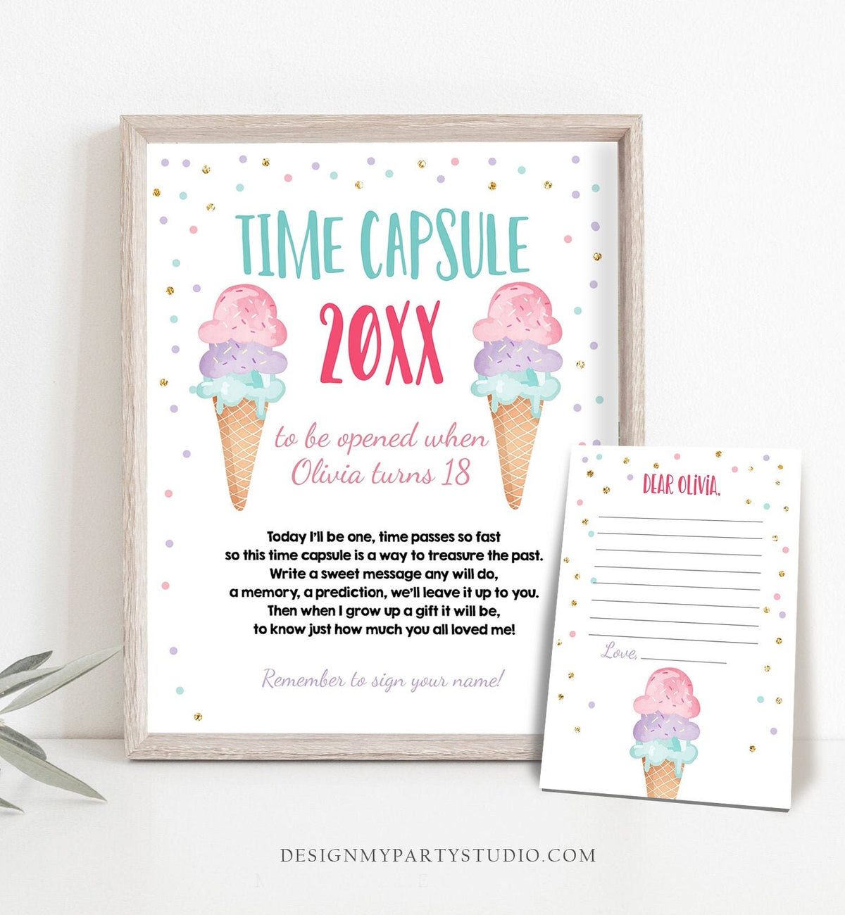 Editable Ice Cream Time Capsule First Birthday Party Ice Cream Birthday Summer Party Decor Scoop Cone Girl Download Template Printable 0243