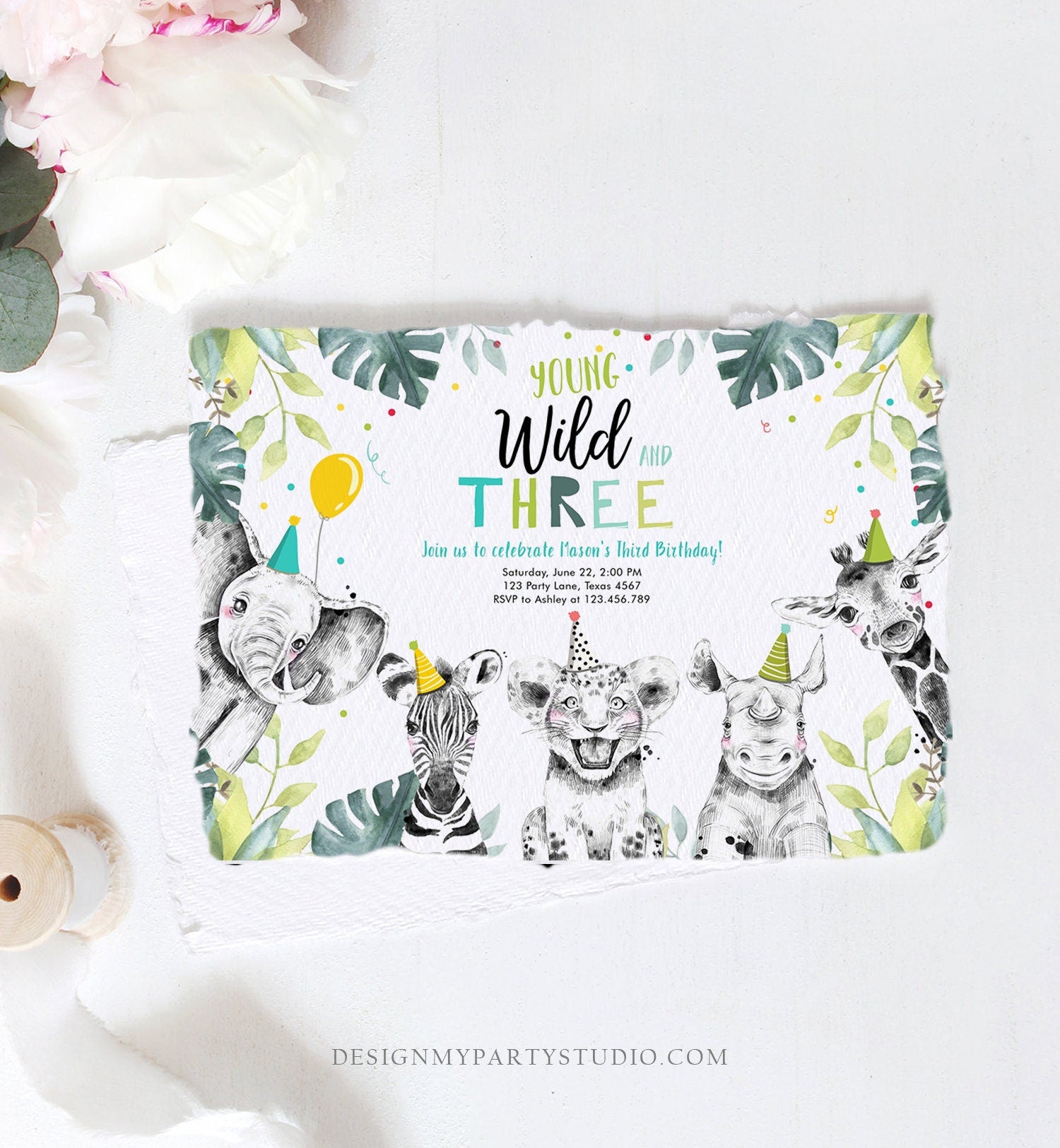 Editable Young Wild and Three Invitation Boy Safari Animals Zoo Wild Third Birthday 3rd Party Animals Printable Template Digital Corjl 0322