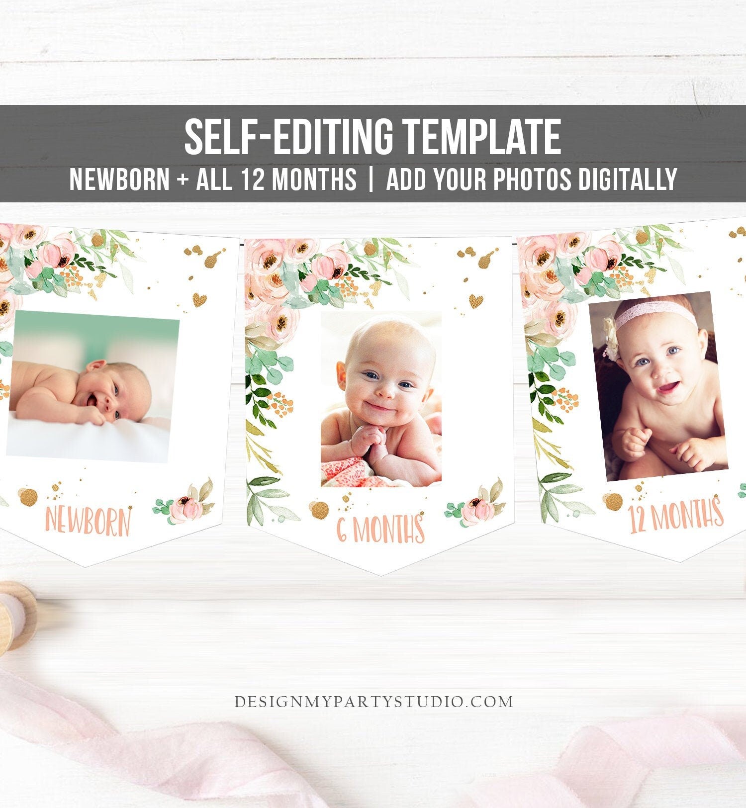 Editable First Birthday Monthly Photo Banner Little Miss Onederful Birthday Floral Pink Gold Wild One Corjl Download Template Printable 0147