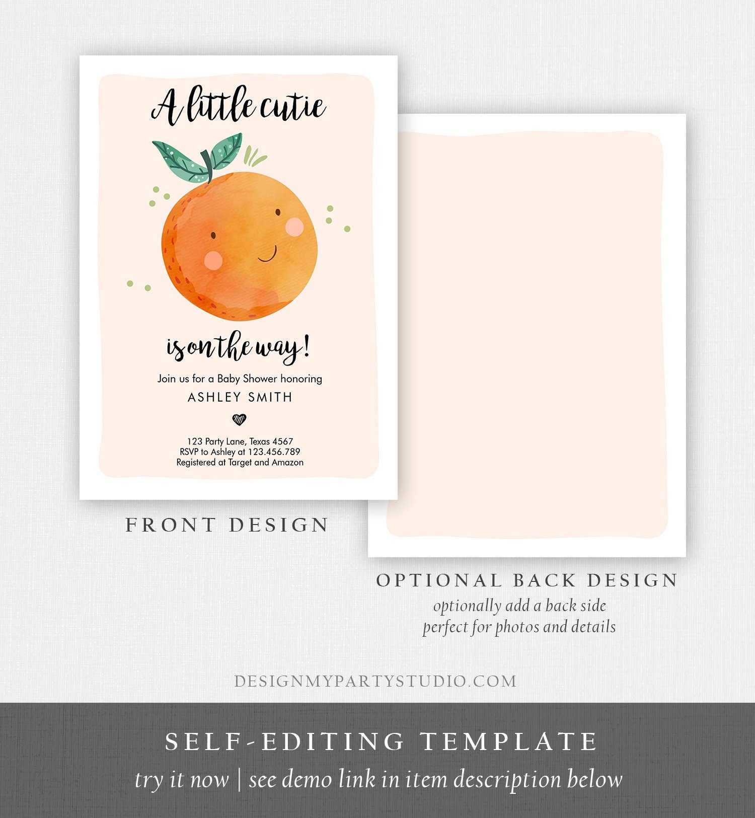 Editable A Little Cutie is on The Way Baby Shower Invitation Clementine Orange Coed Shower Neutral Download Printable Corjl Template 0330