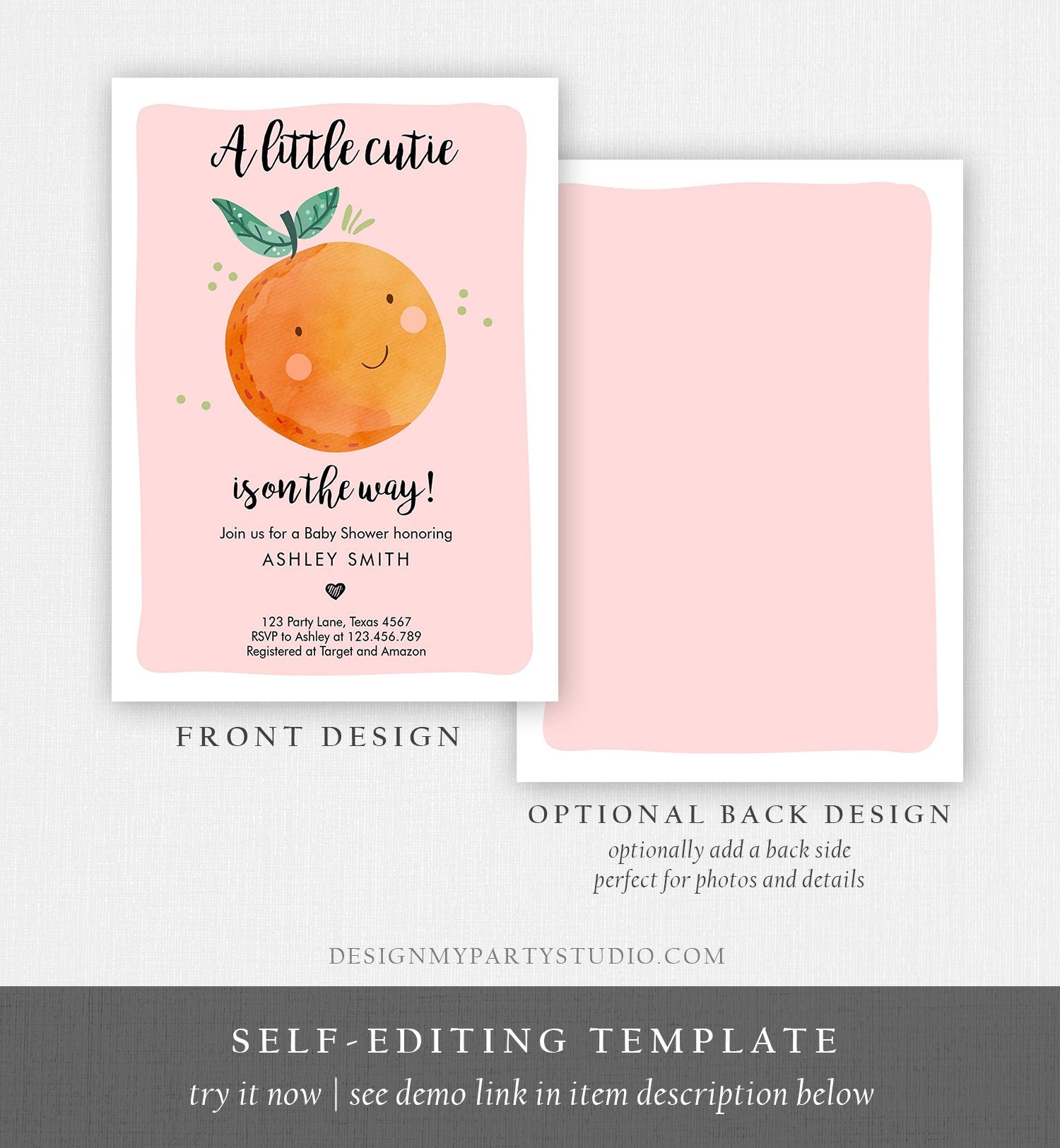 Editable A Little Cutie is on The Way Baby Shower Invitation Clementine Orange Coed Shower Girl Pink Download Printable Corjl Template 0330