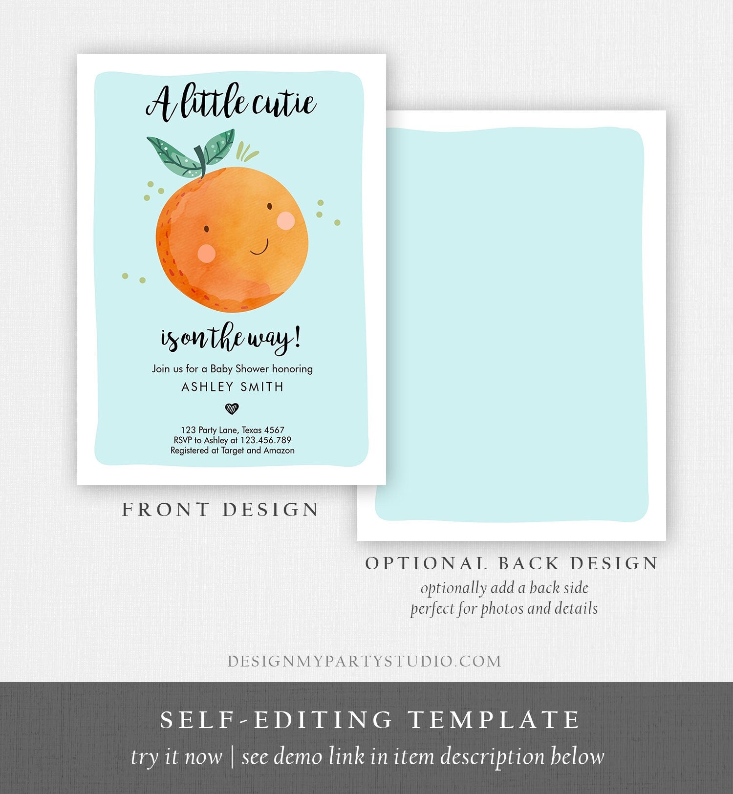 Editable A Little Cutie is on The Way Baby Shower Invitation Clementine Orange Coed Shower Boy Blue Download Printable Corjl Template 0330