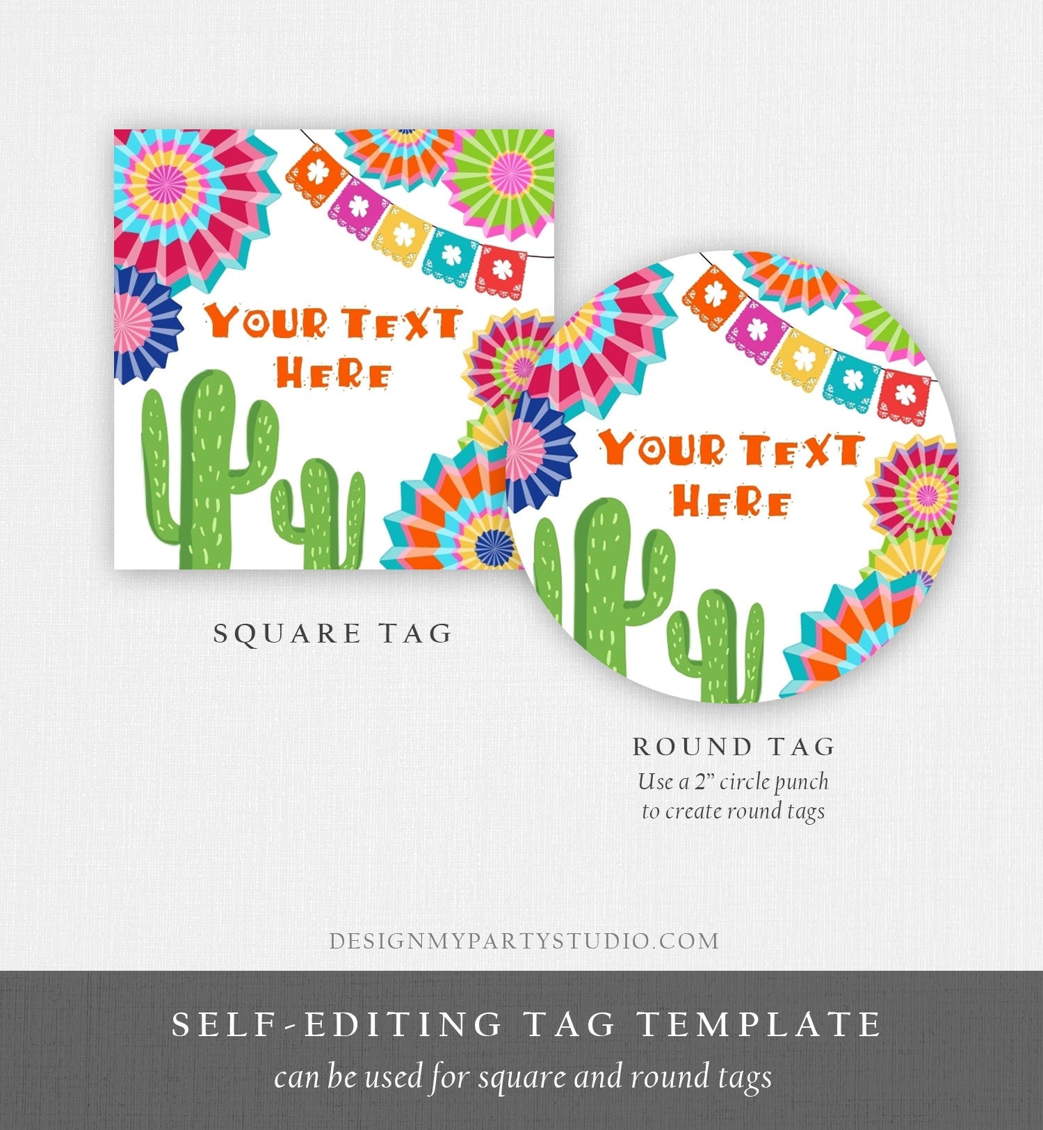 Editable Fiesta Cactus Thank You Favor Tags Round Squared Baby Shower Birthday Bridal Shower Stickers Succulent Mexican Corjl Template 0236