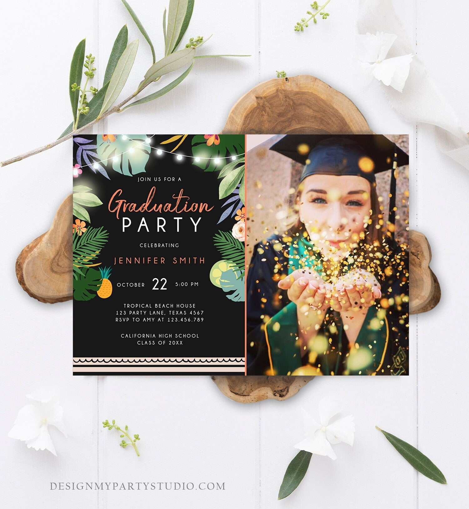 Editable Tropical Graduation Party Invitation Luau Class of College High School Grad Party Palm Graduate Hawaiian Template Corjl 0183