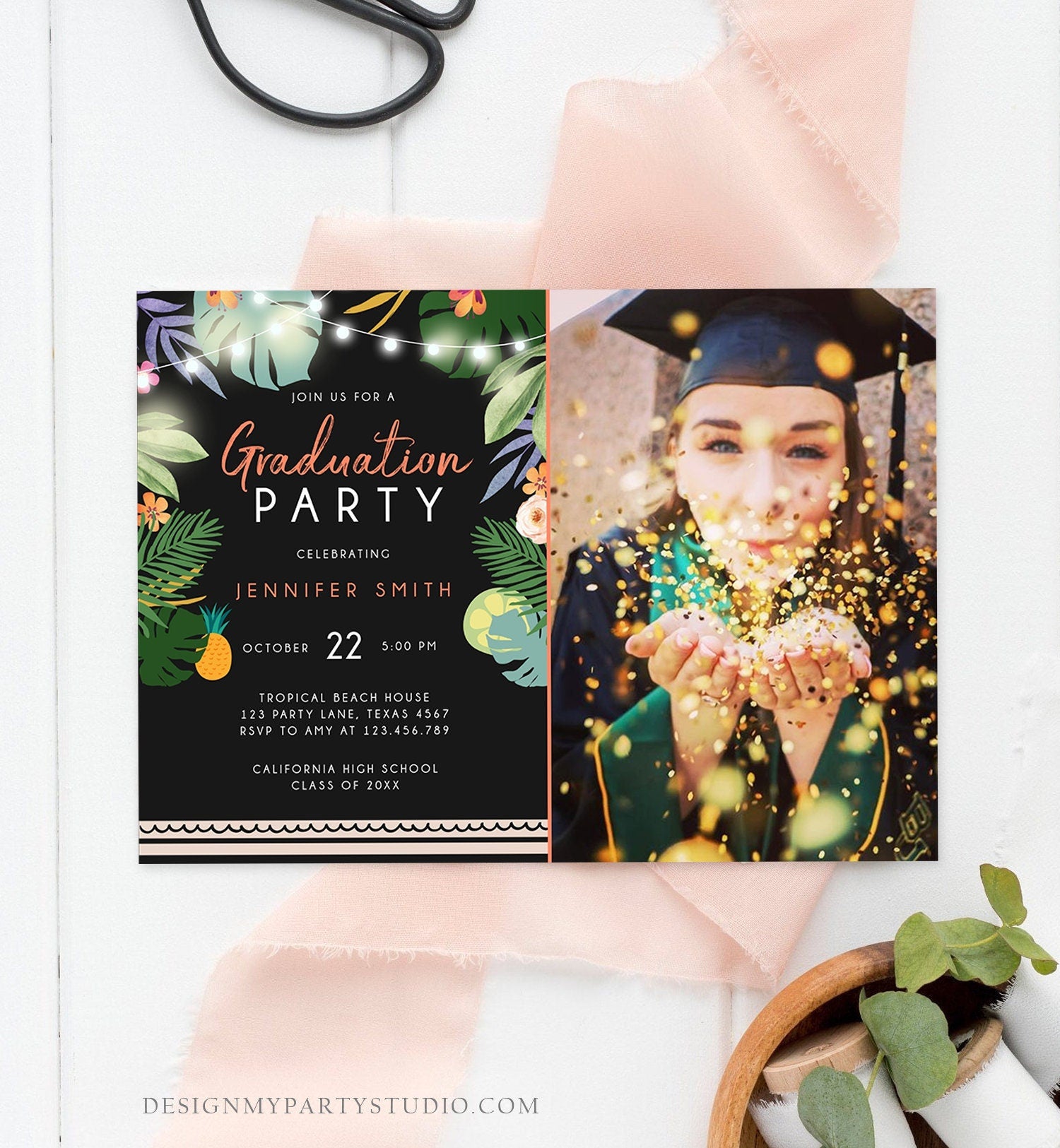 Editable Tropical Graduation Party Invitation Luau Class of College High School Grad Party Palm Graduate Hawaiian Template Corjl 0183