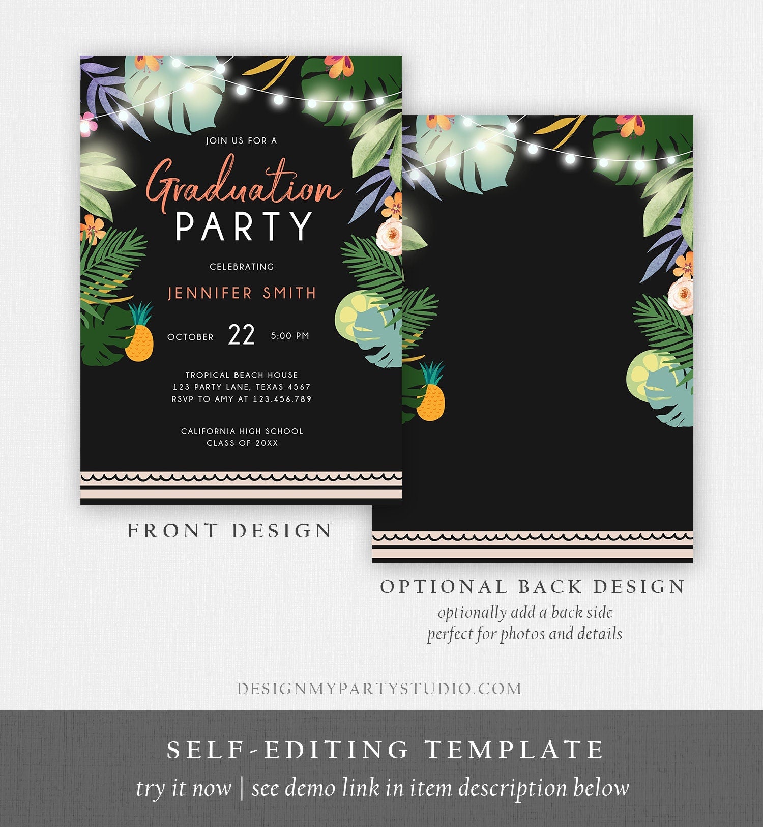 Editable Tropical Graduation Party Invitation Luau Class of College High School Grad Party Palm Graduate Hawaiian Template Printable 0183