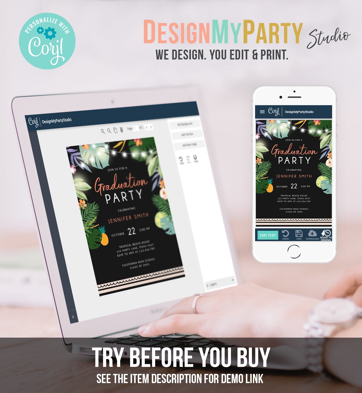 Editable Tropical Graduation Party Invitation Luau Class of College High School Grad Party Palm Graduate Hawaiian Template Printable 0183