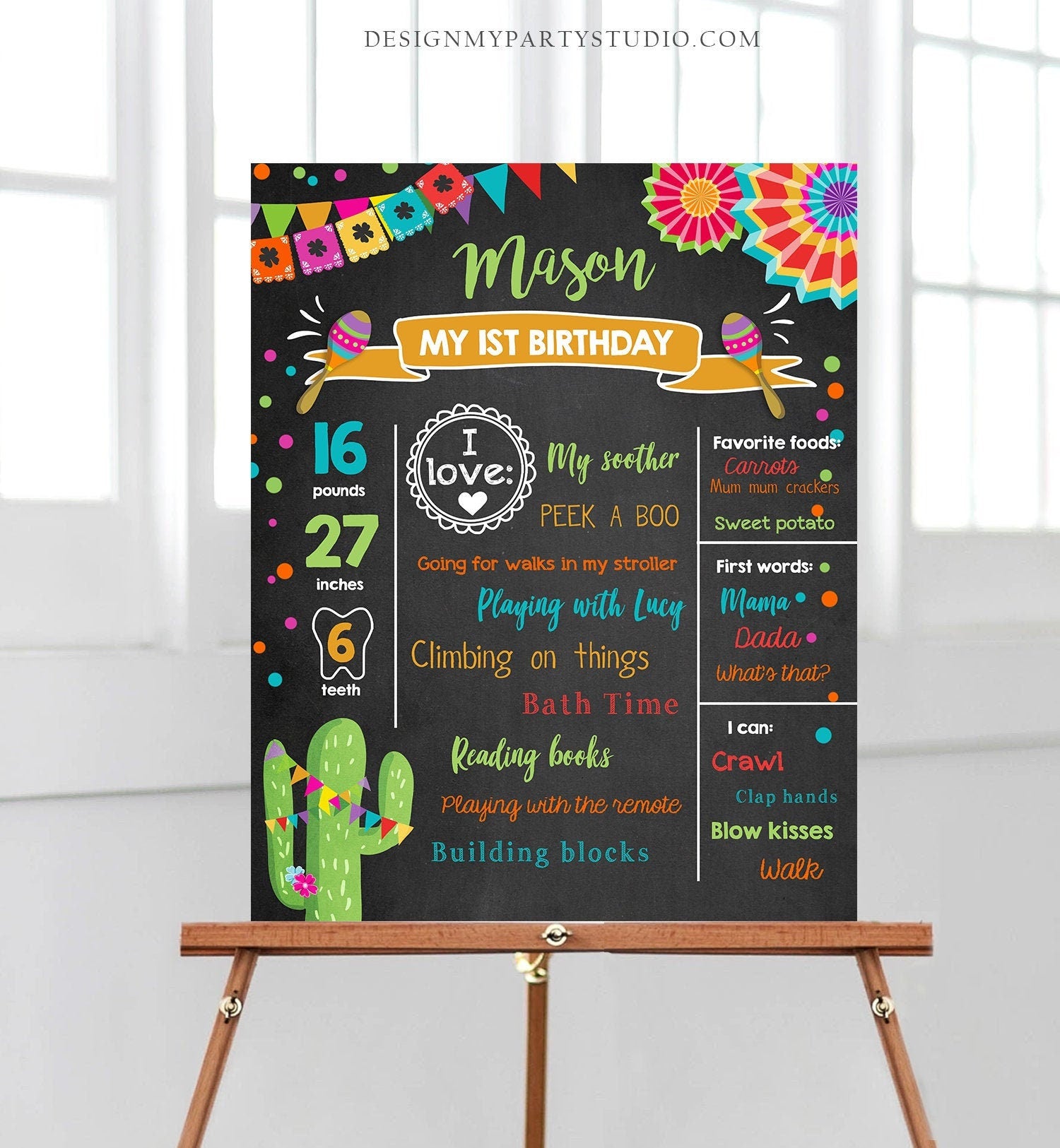 Editable First Fiesta Birthday Milestones Sign First Birthday Poster 1st Birthday Mexican Cactus Digital Download Template Printable 0045