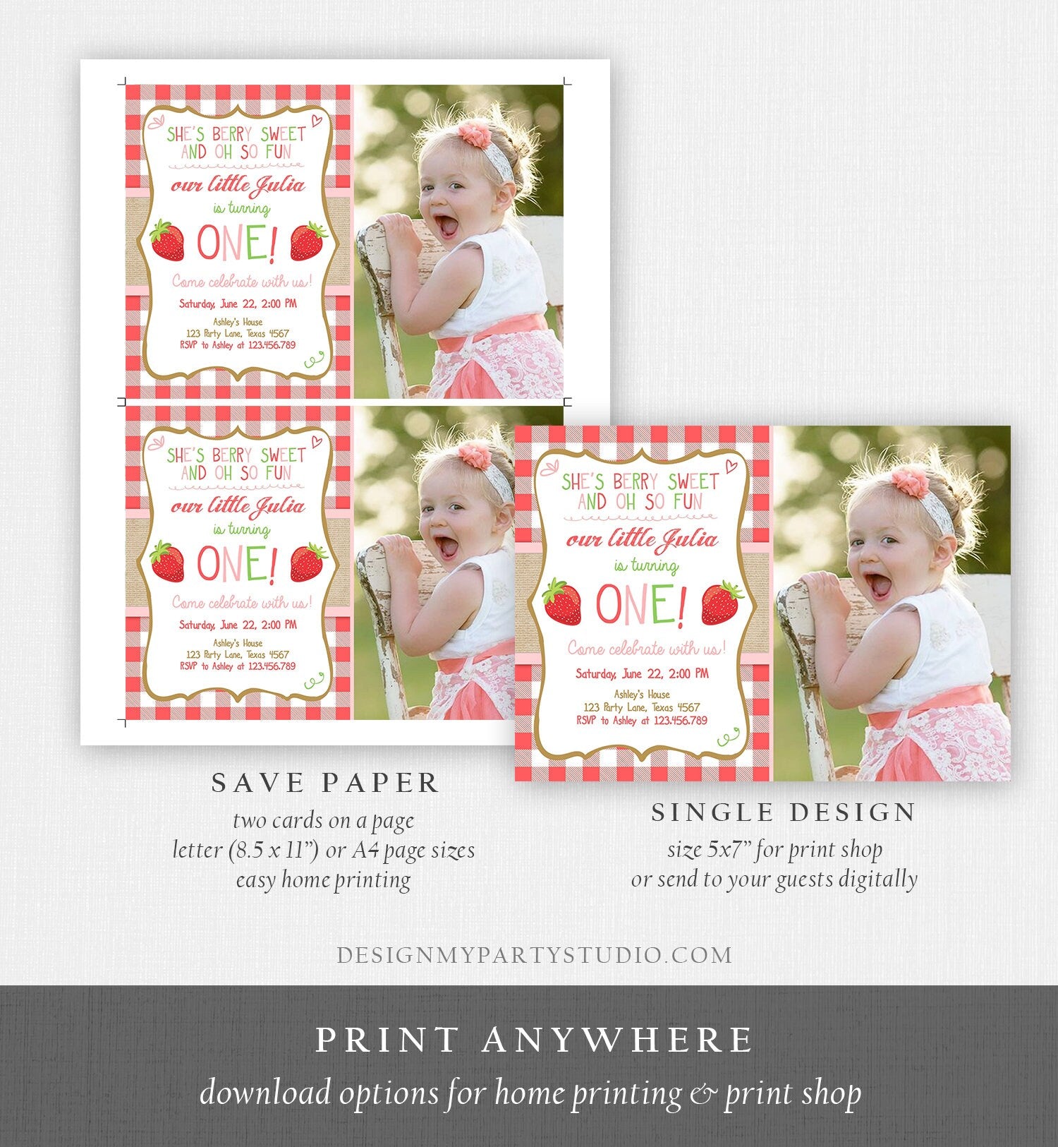 Editable Strawberry Birthday Invitation First Birthday Farmers Market Girl Download Printable Invite ANY AGE Template Corjl Digital 0091