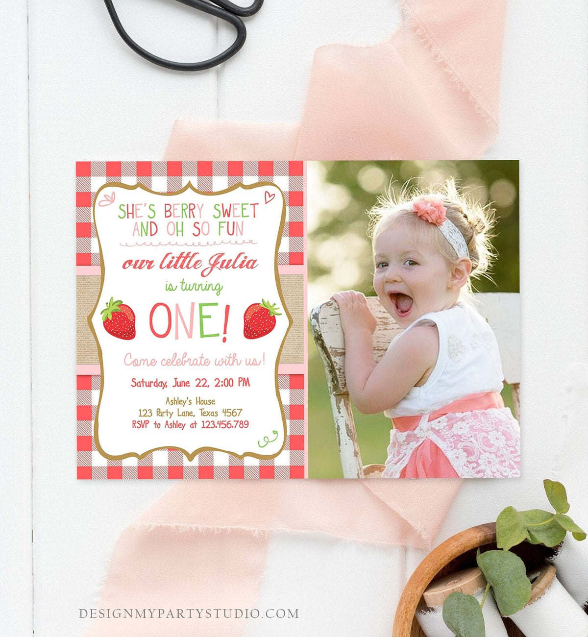 Editable Strawberry Birthday Invitation First Birthday Farmers Market Girl Download Printable Invite ANY AGE Template Corjl Digital 0091