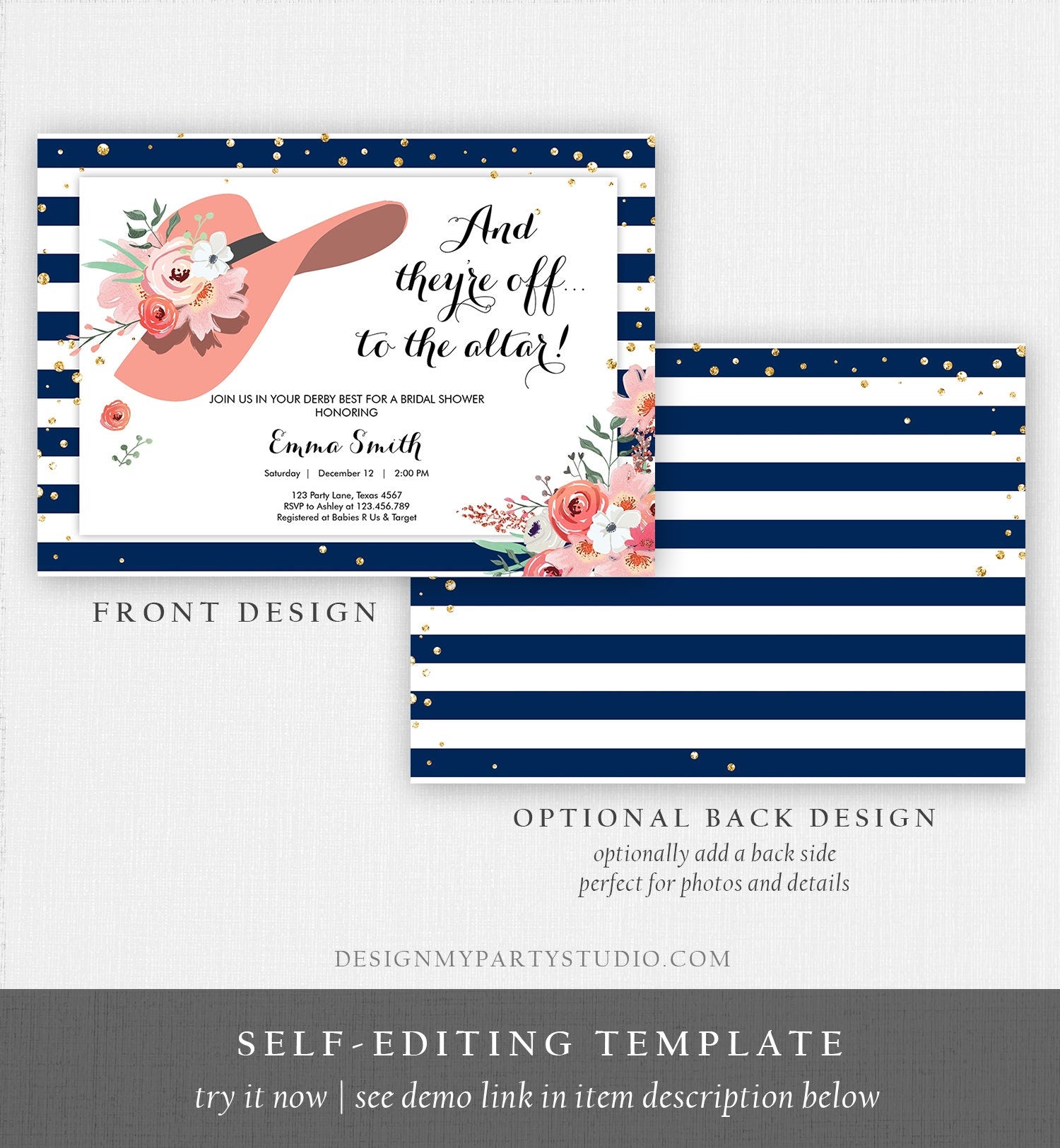 Editable Bridal Shower Invitation Derby Wear a Hat Horse races Floral Rose Gold Blush Pink Navy Blue Download Printable Template Corjl 0249