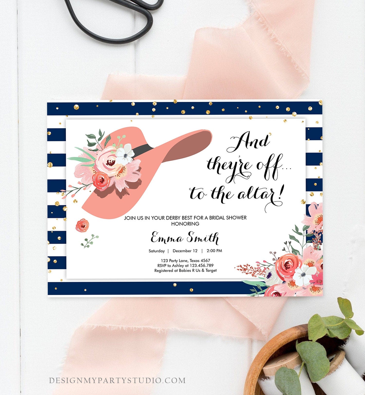 Editable Bridal Shower Invitation Derby Wear a Hat Horse races Floral Rose Gold Blush Pink Navy Blue Download Printable Template Corjl 0249