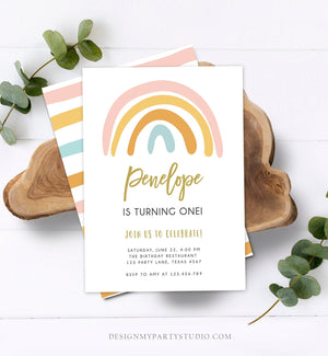 Editable Rainbow Birthday Invitation Muted Rainbow Invitation Pastel 1st Birthday Pink Girl Any Age First Bday Download Corjl Template 0331