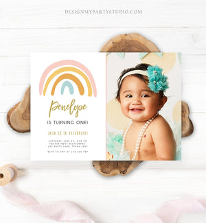 Editable Rainbow Birthday Invitation Muted Rainbow Invitation Pastel 1st Birthday Pink Girl Any Age First Bday Download Corjl Template 0331