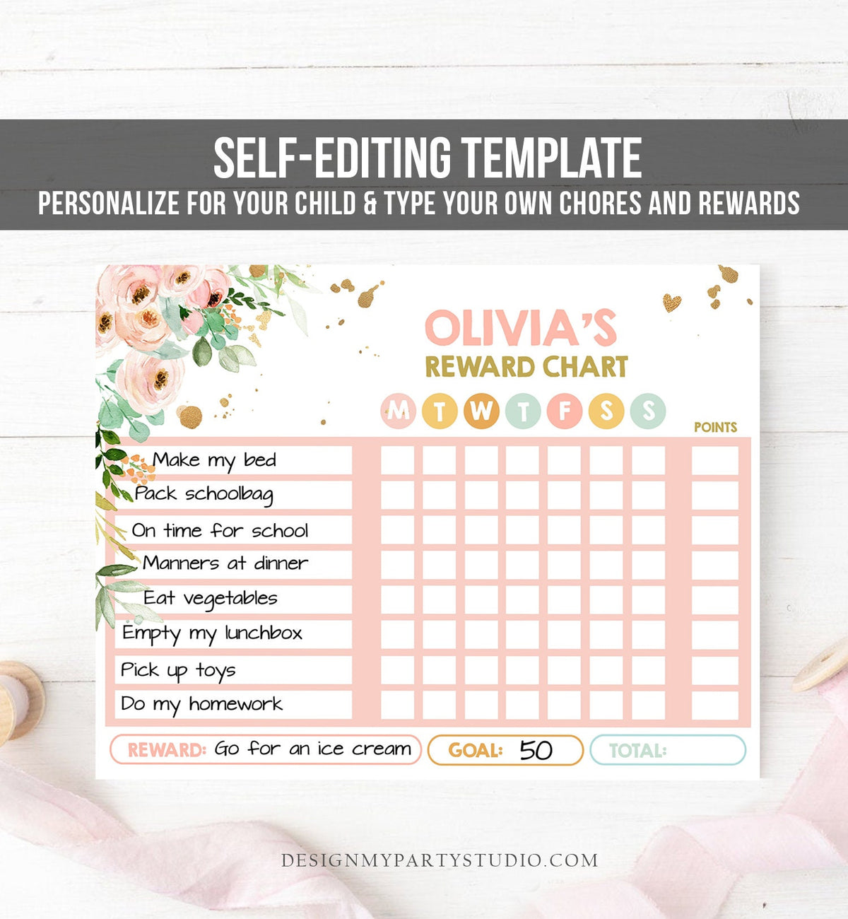 Editable Floral Reward Chart for Girls Printable Floral Chore Chart for Kids Chores Pink Flowers Routine Chart Printable Template Corjl 0147