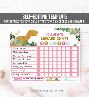 Editable Dinosaur Reward Chart for Girls Pink Dino Chore Chart for Kids Chores T-Rex Pink Gold Routine Chart Printable Template Corjl 0146