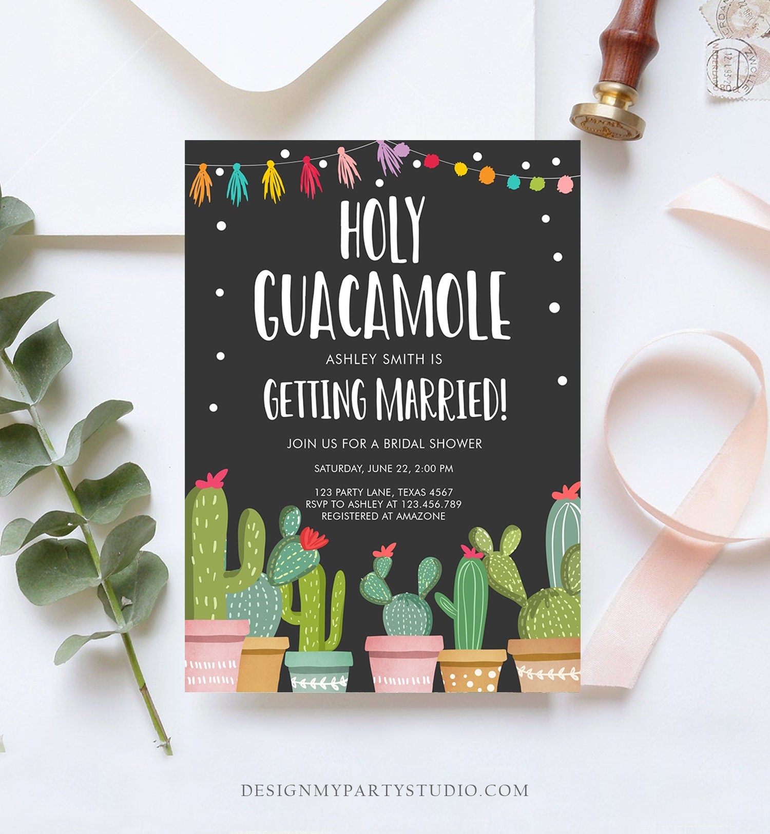 Editable Holy Guacamole Bridal Shower Invitation Fiesta Couples Shower Cactus Succulent Mexican Download Corjl Template Printable 0254