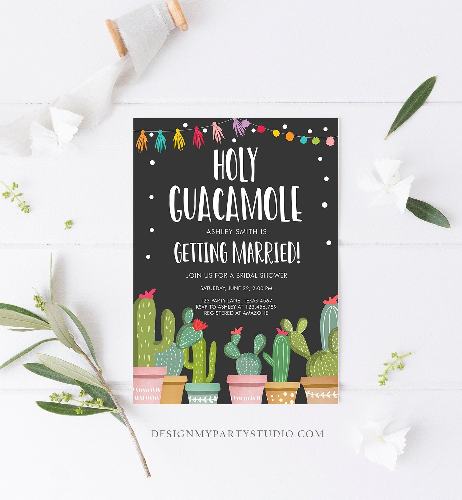 Editable Holy Guacamole Bridal Shower Invitation Fiesta Couples Shower Cactus Succulent Mexican Download Corjl Template Printable 0254