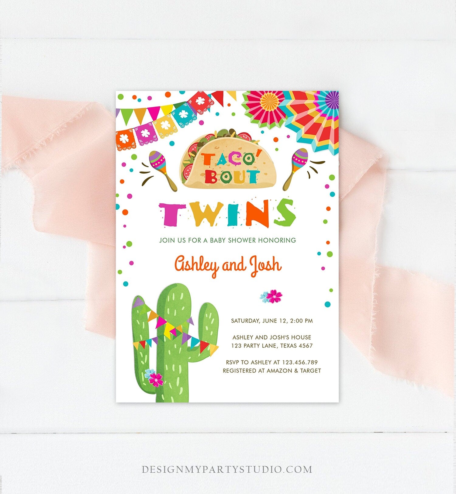 Editable Taco Bout Twins Baby Shower Invitation Cactus Chalk Mexican Fiesta Couples Shower Instant Download Printable Corjl Template 0045