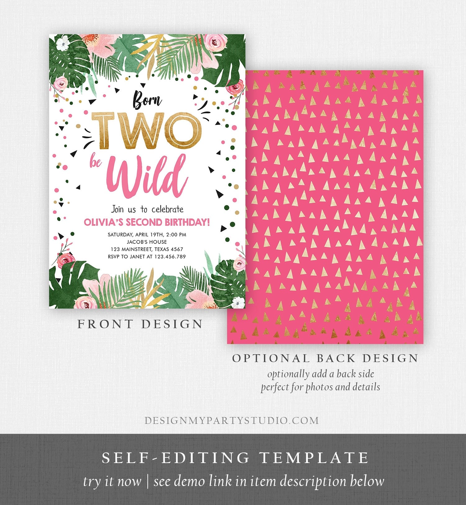 Editable Born Two be Wild Birthday Invitation Girl Tropical Safari Pink Gold Second Birthday 2nd Digital Download Template Printable 0332