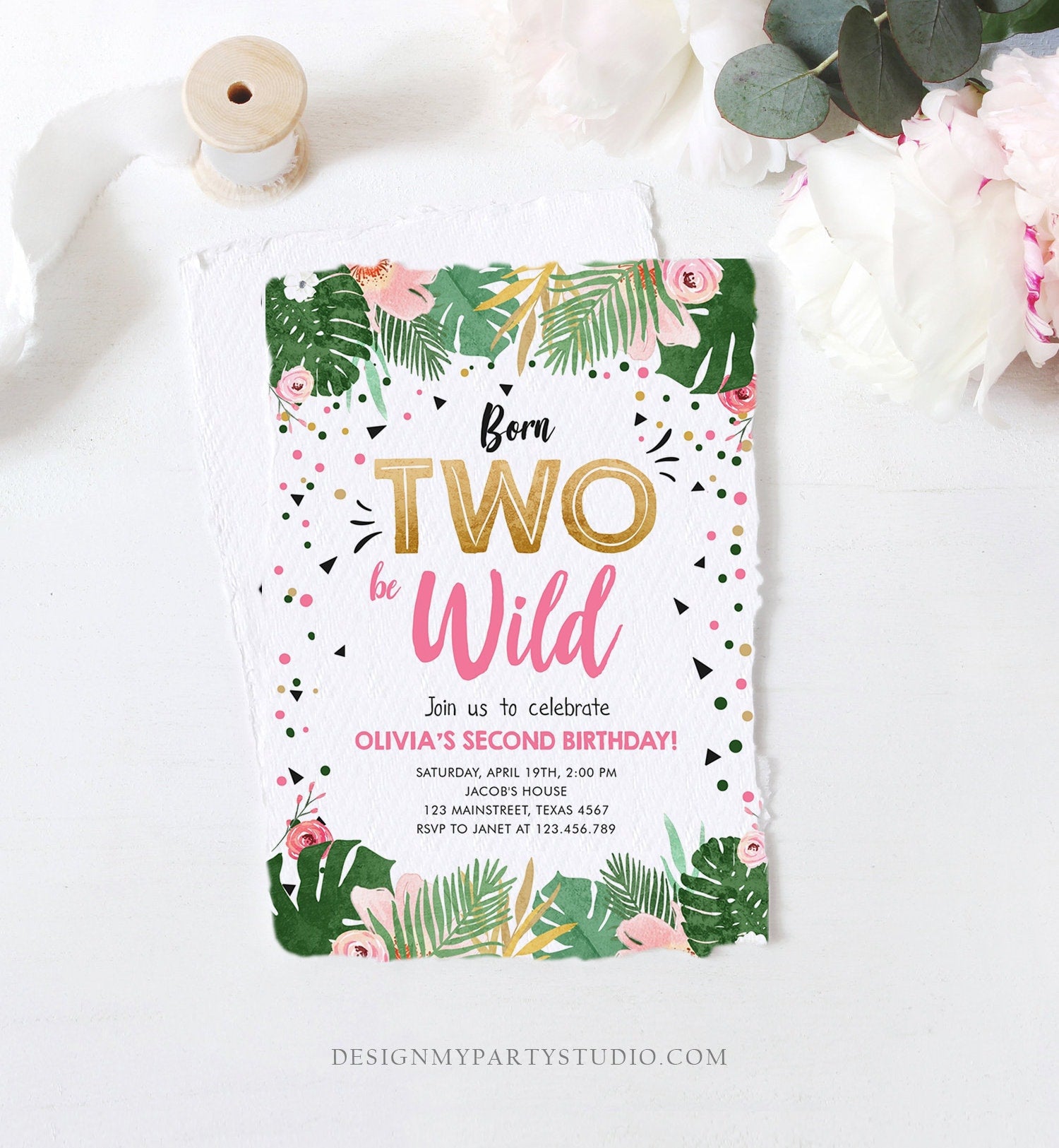 Editable Born Two be Wild Birthday Invitation Girl Tropical Safari Pink Gold Second Birthday 2nd Digital Download Template Printable 0332