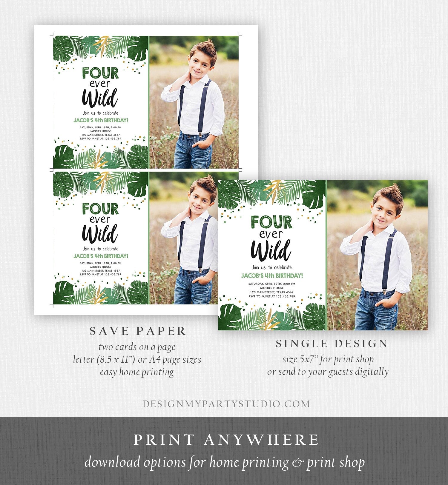 Editable Fourever Wild Birthday Invitation Tropical Safari Zoo Jungle Party Gold Boy Fourth Birthday 4th Four Ever Wild Corjl Template 0332