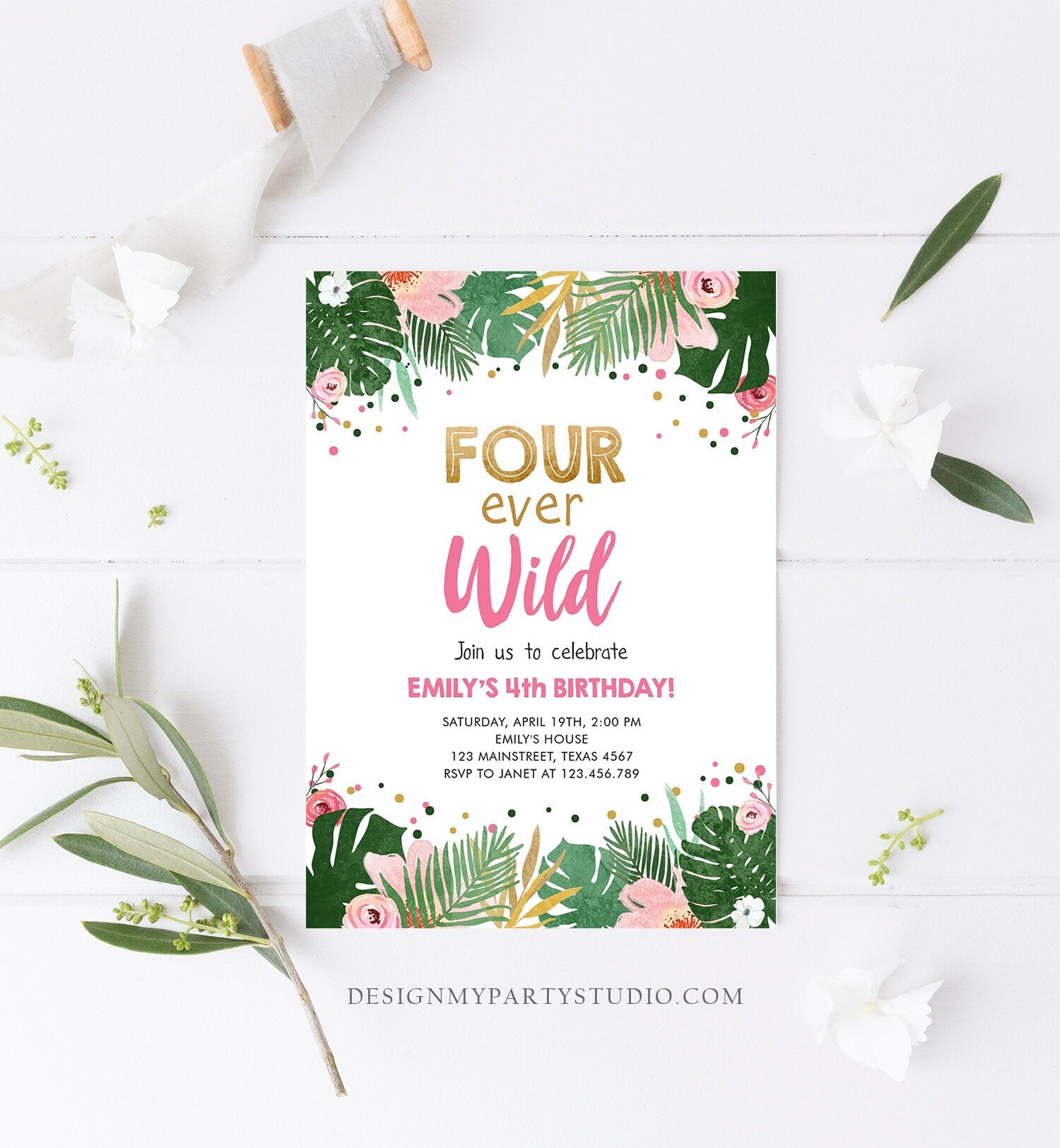 Editable Fourever Wild Birthday Invitation Tropical Safari Zoo Jungle Pink Gold Girl Fourth Birthday 4th Four Ever Wild Corjl Template 0332