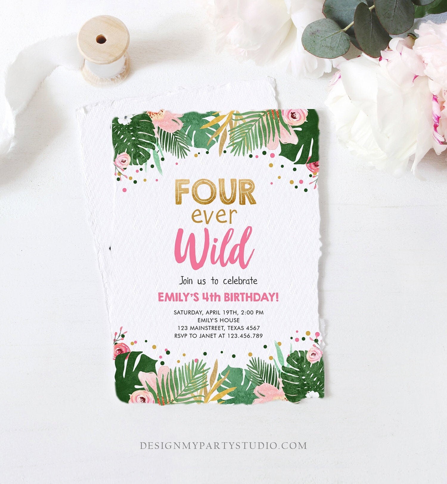 Editable Fourever Wild Birthday Invitation Tropical Safari Zoo Jungle Pink Gold Girl Fourth Birthday 4th Four Ever Wild Corjl Template 0332