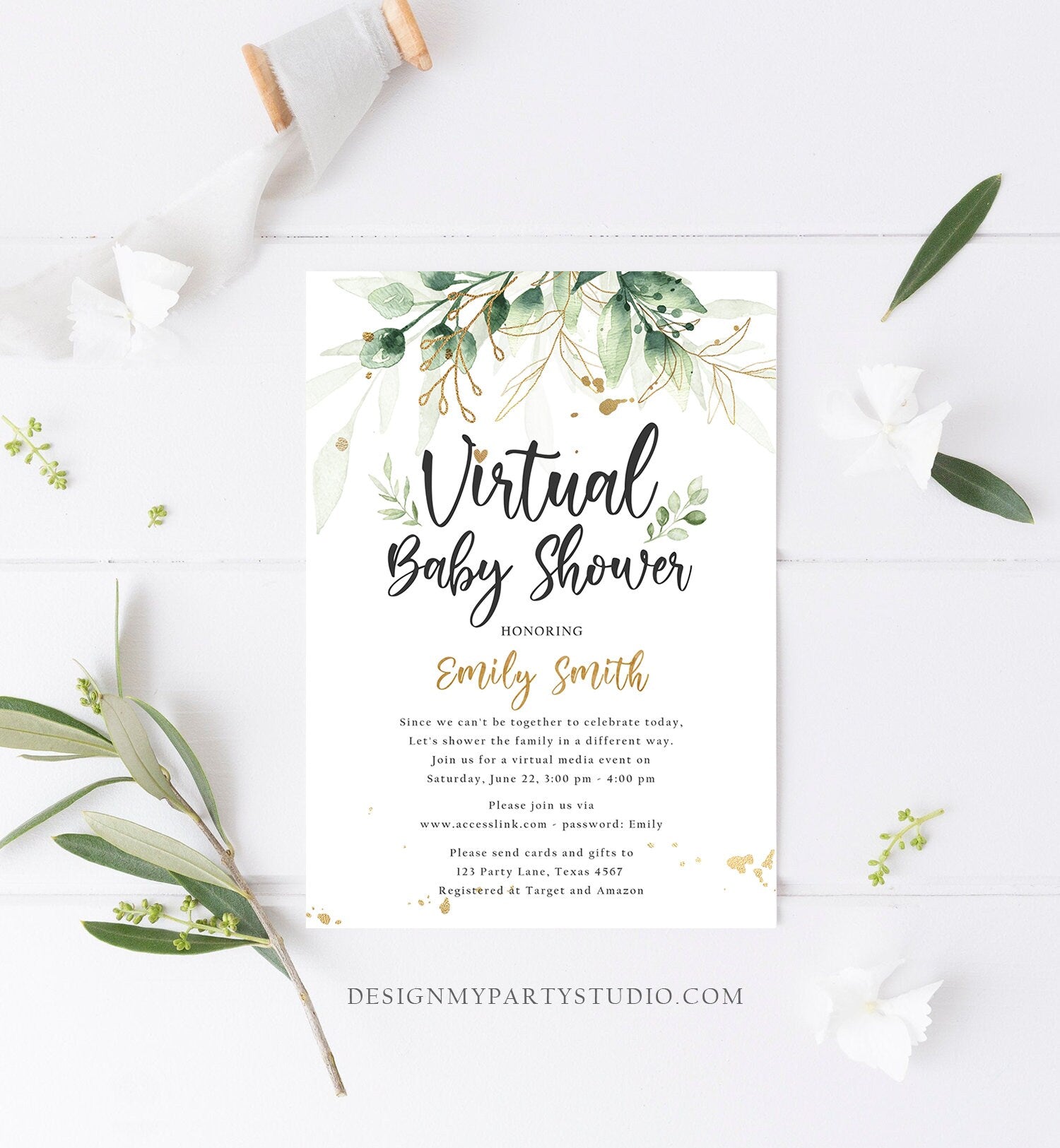 Editable Virtual Baby Shower Invitation Drive By Through Social Distancing Gold Green Floral Greenery Couples Quarantine Corjl Template 0168