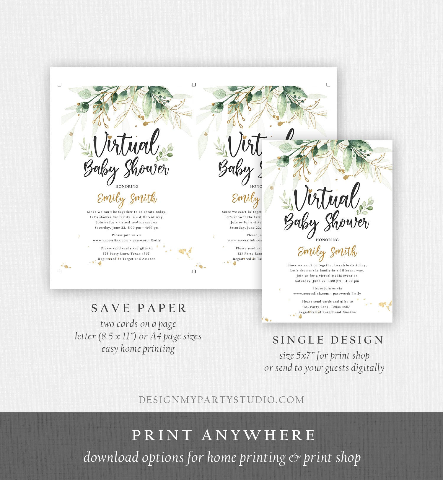 Editable Virtual Baby Shower Invitation Drive By Through Social Distancing Gold Green Floral Greenery Couples Quarantine Corjl Template 0168