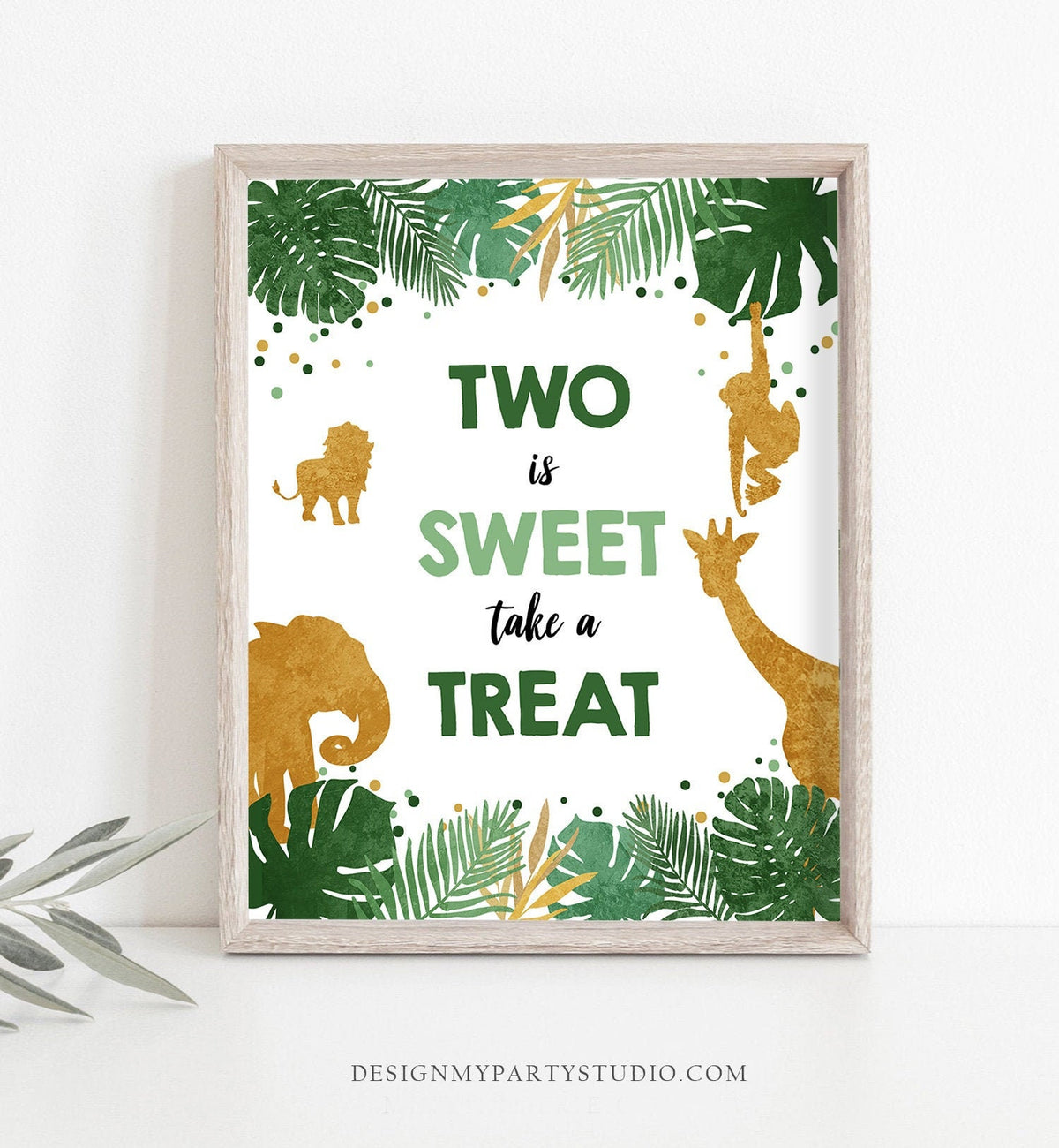 Two is Sweet Take a Treat Second Birthday Sign Boy Safari Animals Party 2nd Tropical Green Gold Jungle Zoo Table Sign Decor Printable 0016