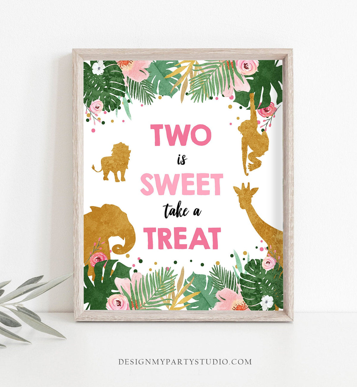 Two is Sweet Take a Treat Second Birthday Sign Girl Safari Animals Party Animals 2nd Tropical Pink Zoo Decor Instant Download Printable 0016