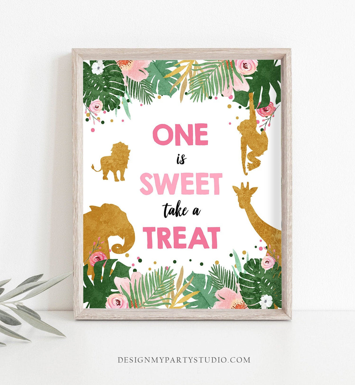 One is Sweet Take a Treat First Birthday Sign Girl Safari Animals Party 1st Tropical Pink Gold Jungle Zoo Table Sign Decor Printable 0016