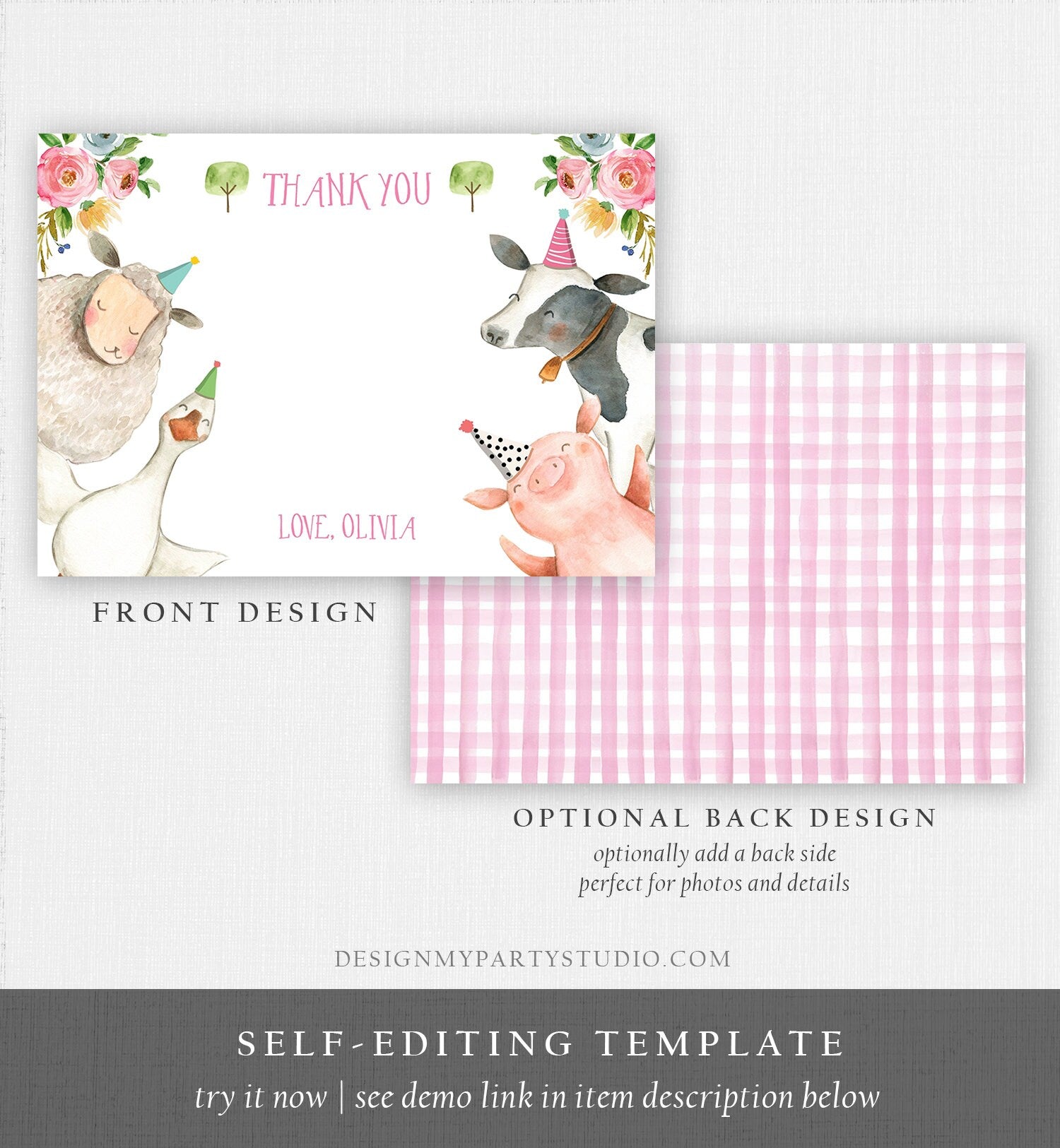 Editable Farm Animals Thank You Card Pink Gingham Farm Birthday Girl Barnyard Thank You Card Birthday Template Digital Instant Download 0155