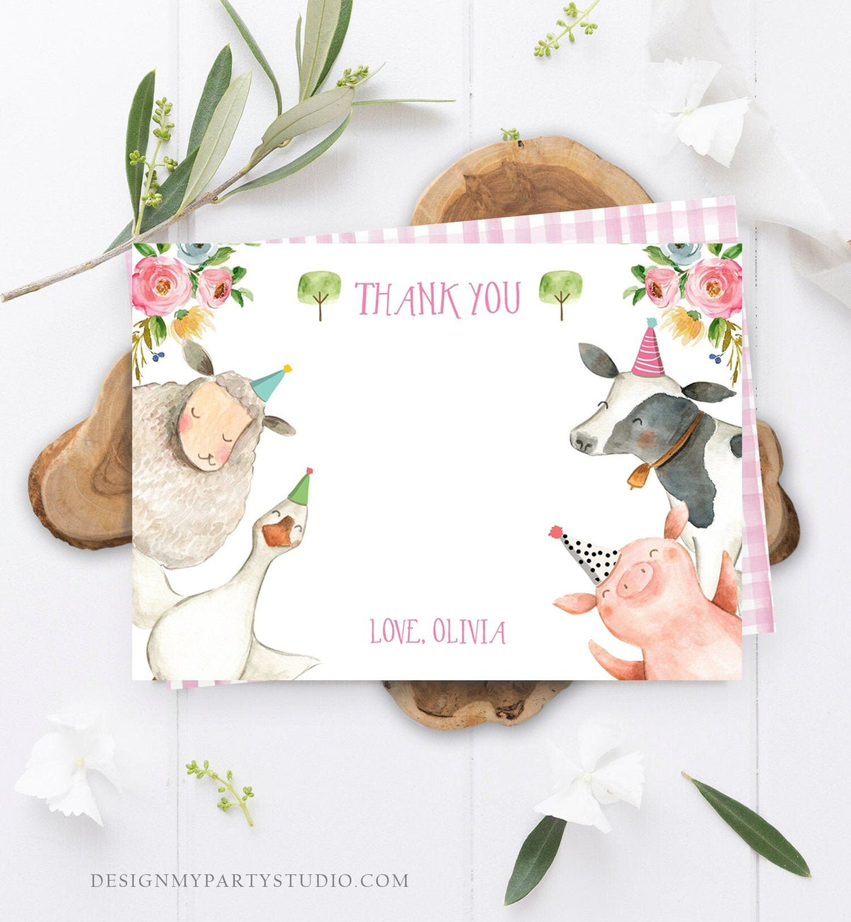 Editable Farm Animals Thank You Card Pink Gingham Farm Birthday Girl Barnyard Thank You Card Birthday Template Digital Instant Download 0155