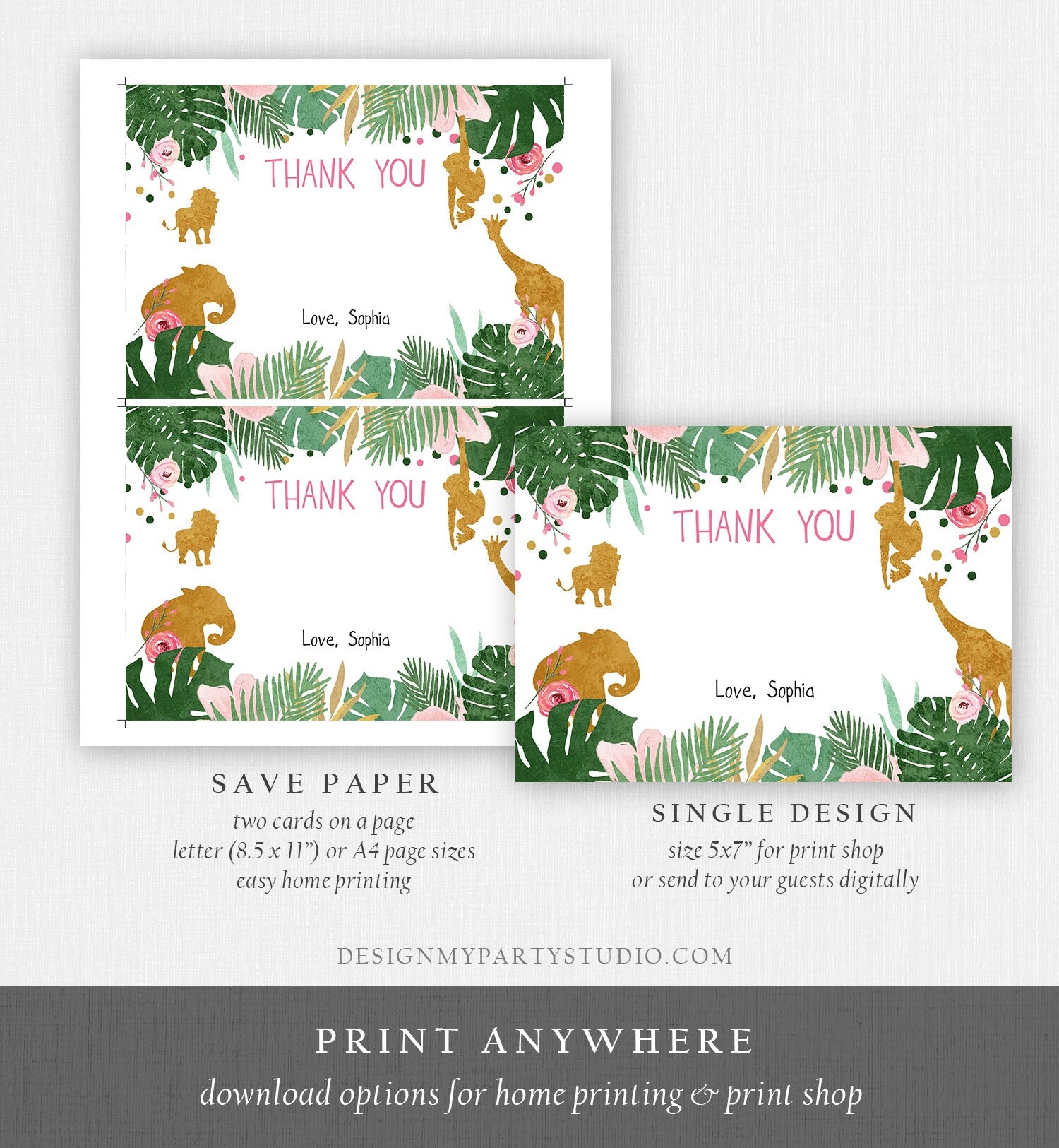 Editable Safari Animals Thank You Card Wild One Thank You Note Pink Gold Girl Jungle Wild Animals Printable Corjl Template Digital 0016