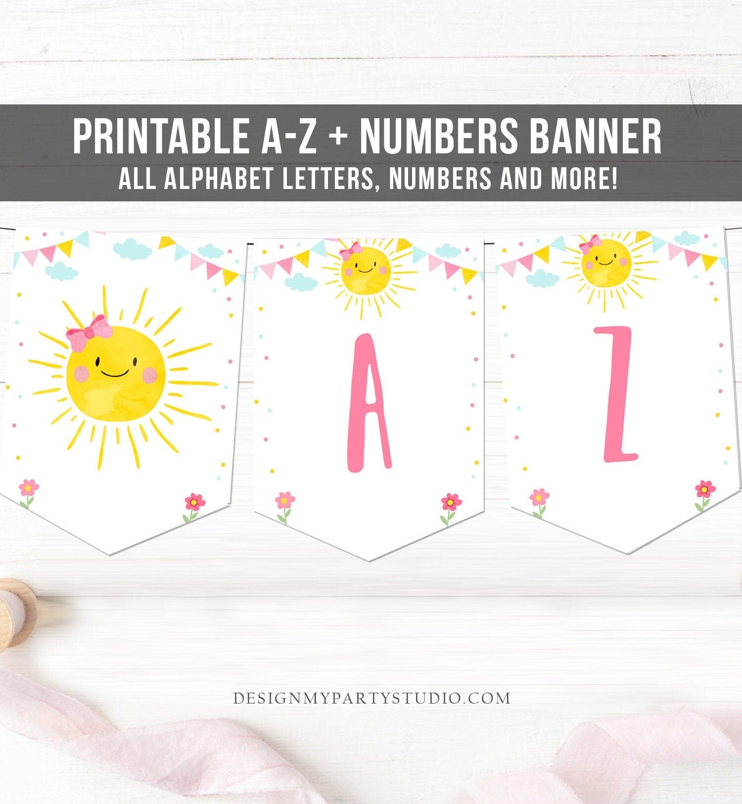 Little Sunshine Birthday Banner A-Z Alphabet Numbers Banner First Happy Birthday Pink Girl Trip Around the Sun Decor Download Printable 0141