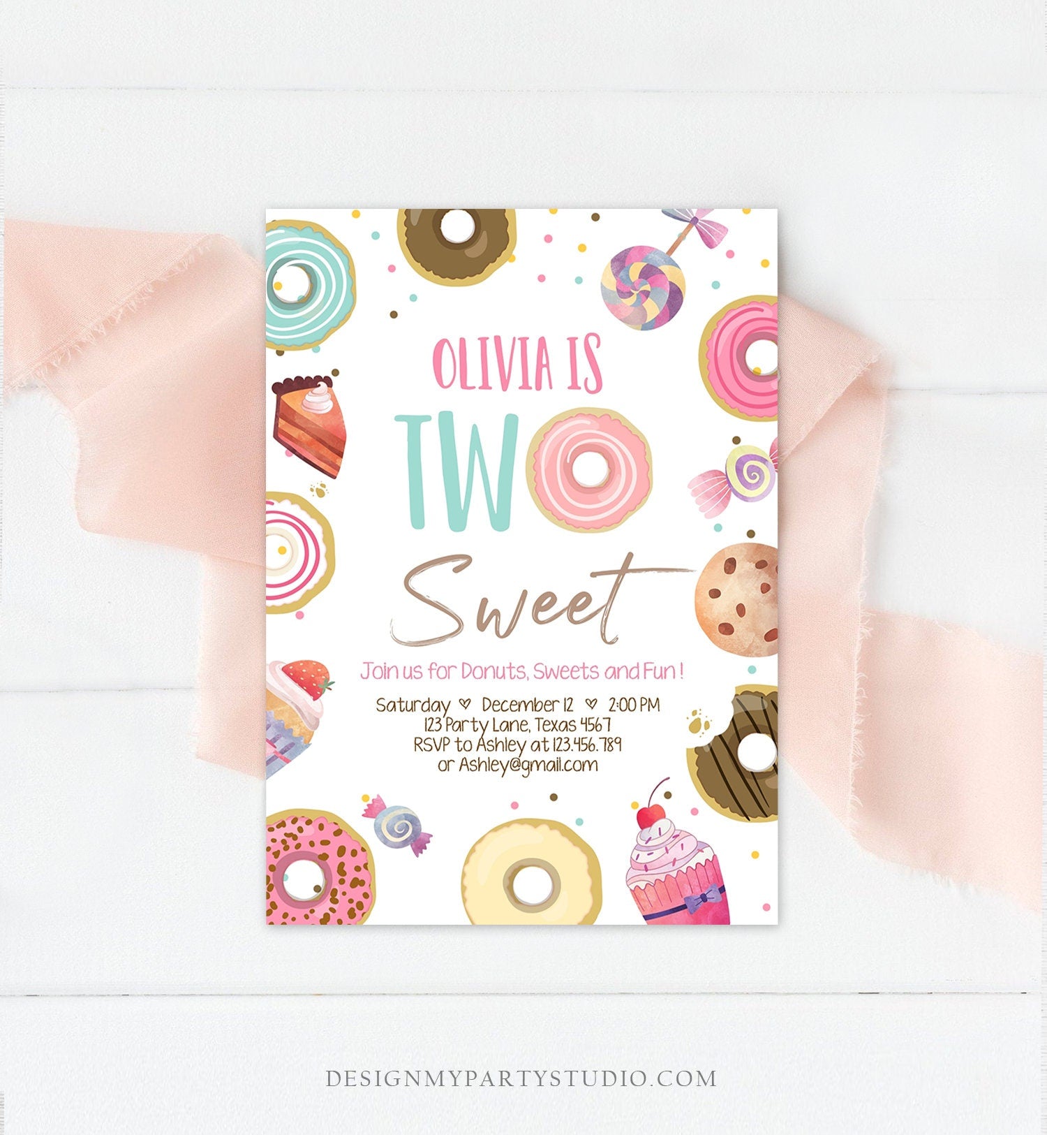 Editable Two Sweet Birthday Invitation Sweet Celebration Second Birthday Party Pink Girl Candy Land Digital Download Template Corjl 0339