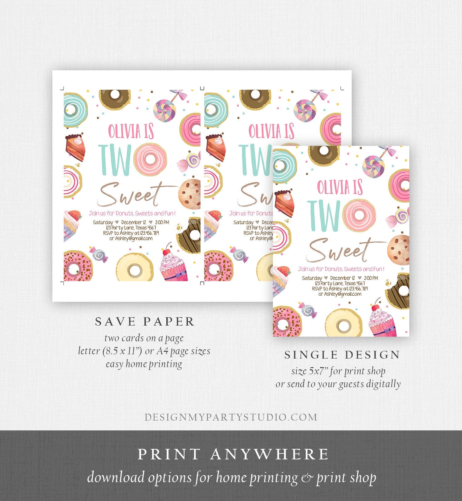 Editable Two Sweet Birthday Invitation Sweet Celebration Second Birthday Party Pink Girl Candy Land Digital Download Template Corjl 0339