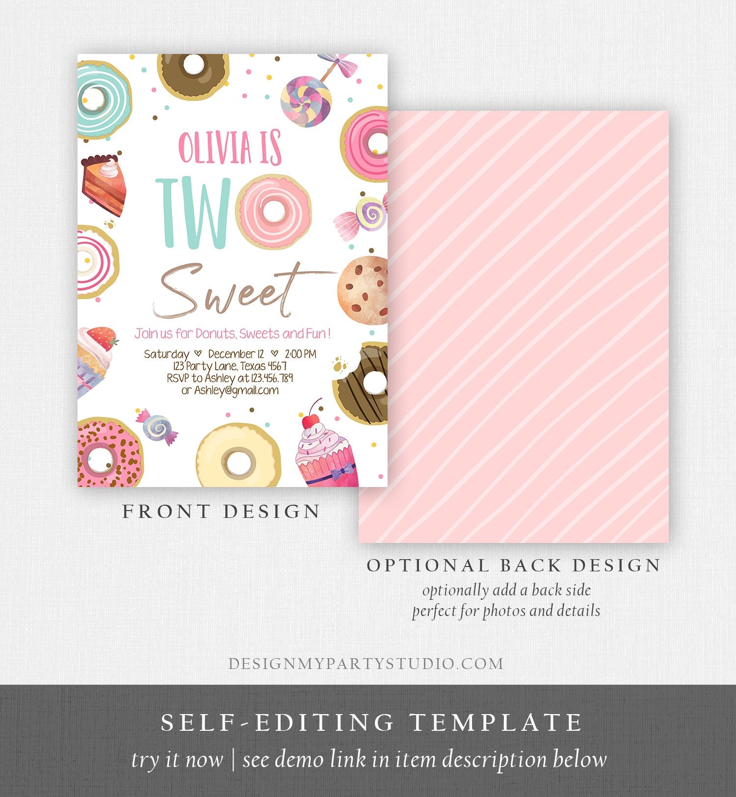 Editable Two Sweet Birthday Invitation Sweet Celebration Second Birthday Party Pink Girl Candy Land Digital Download Template Corjl 0339