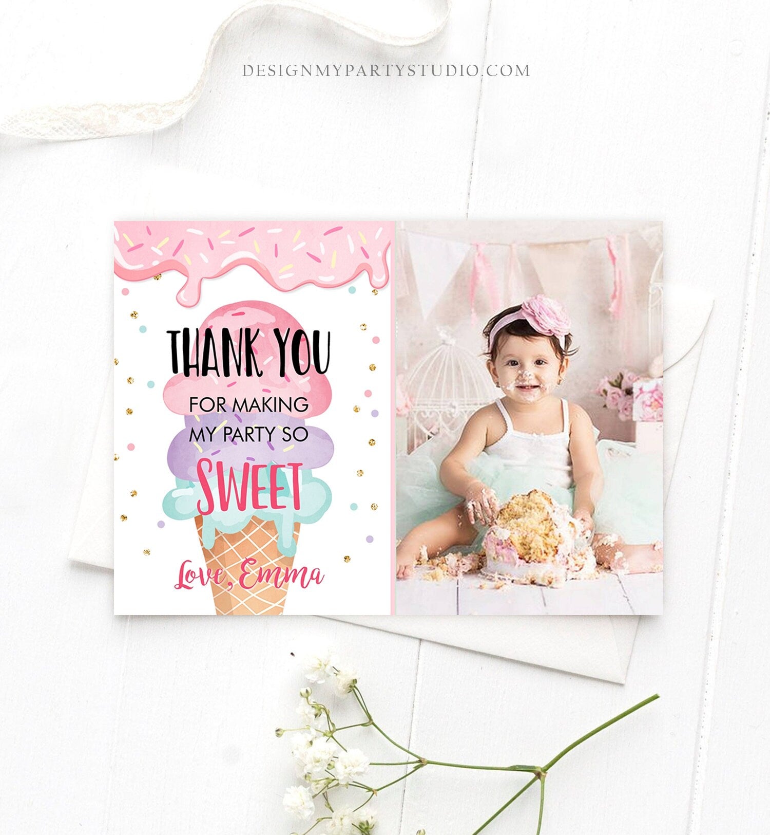 Editable Ice Cream Thank You Card Ice Cream Birthday Thank you Note Girl Birthday Summer Download Printable Template Digital Corjl 0243