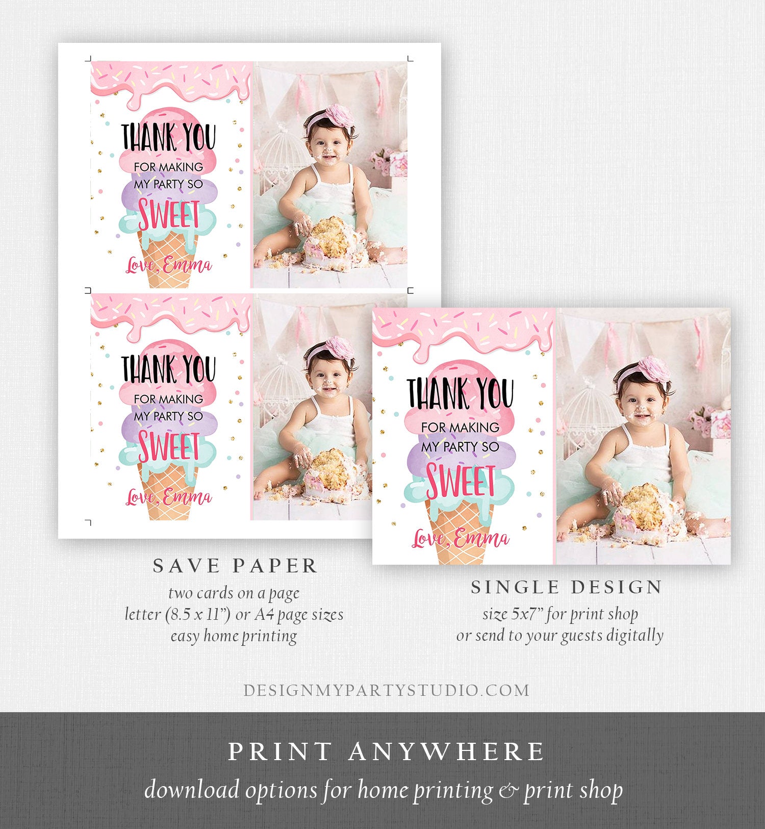 Editable Ice Cream Thank You Card Ice Cream Birthday Thank you Note Girl Birthday Summer Download Printable Template Digital Corjl 0243