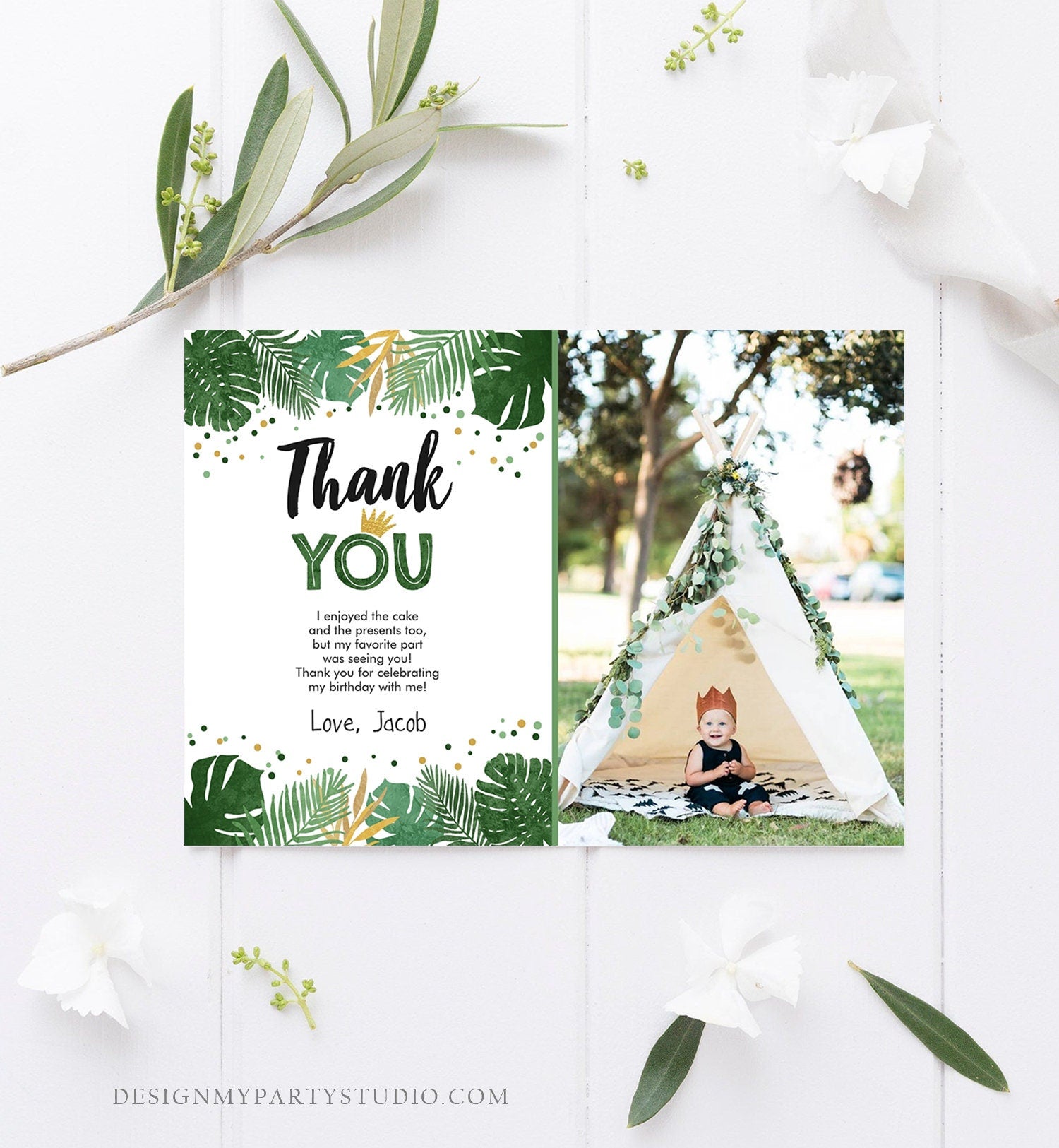 Editable Thank You Card Safari Wild One Two Wild and Three Wild Things Thank You Note Black Gold Photo Boy Digital Template Printable 0332