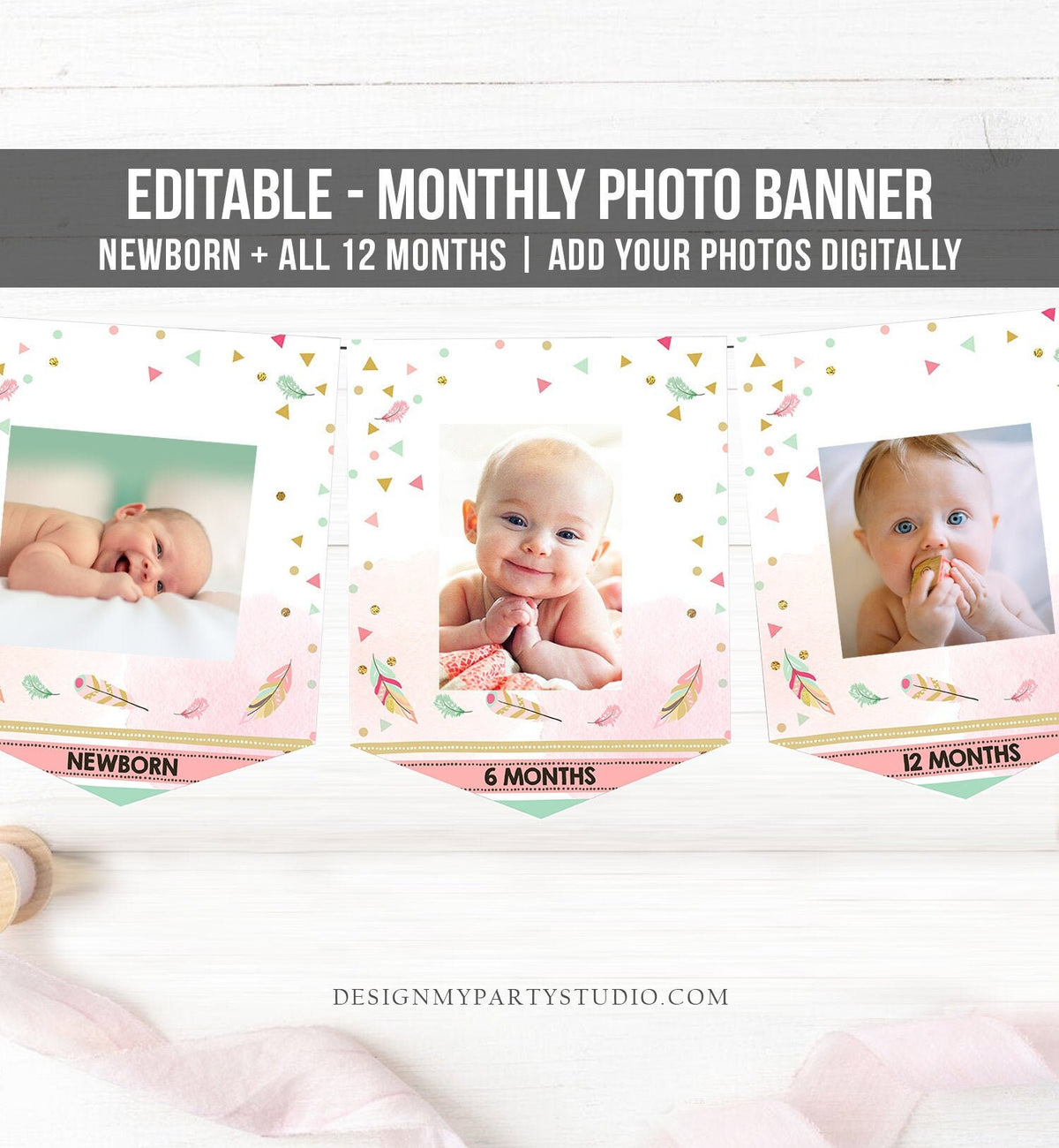 Editable Wild One Monthly Photo Banner First Birthday Feathers Tribal Boho Bohemian Gold Pink Teal Girl Decor Corjl Template Printable 0073