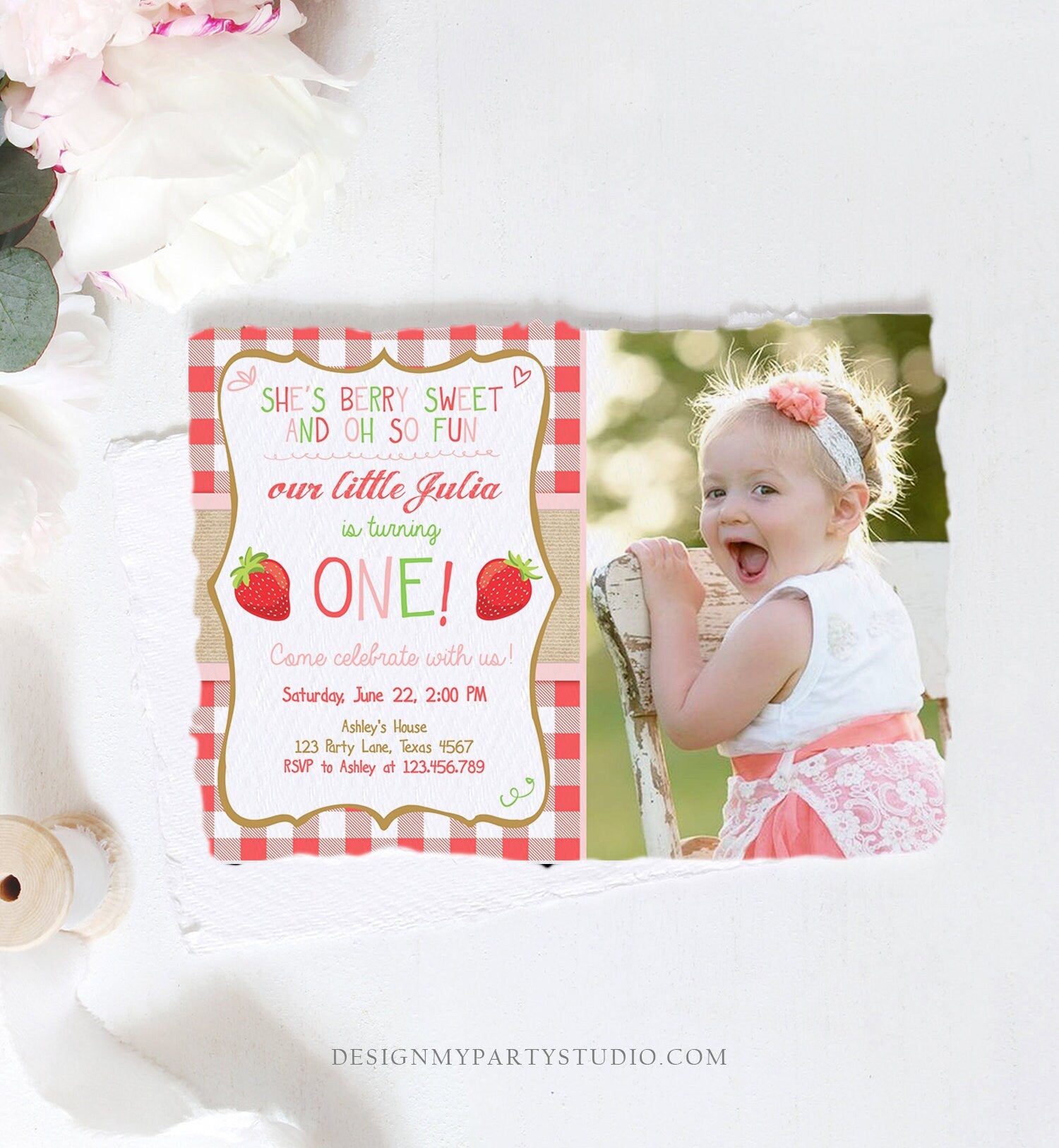 Editable Strawberry Birthday Invitation First Birthday Farmers Market Girl Download Printable Invite ANY AGE Template Corjl Digital 0091