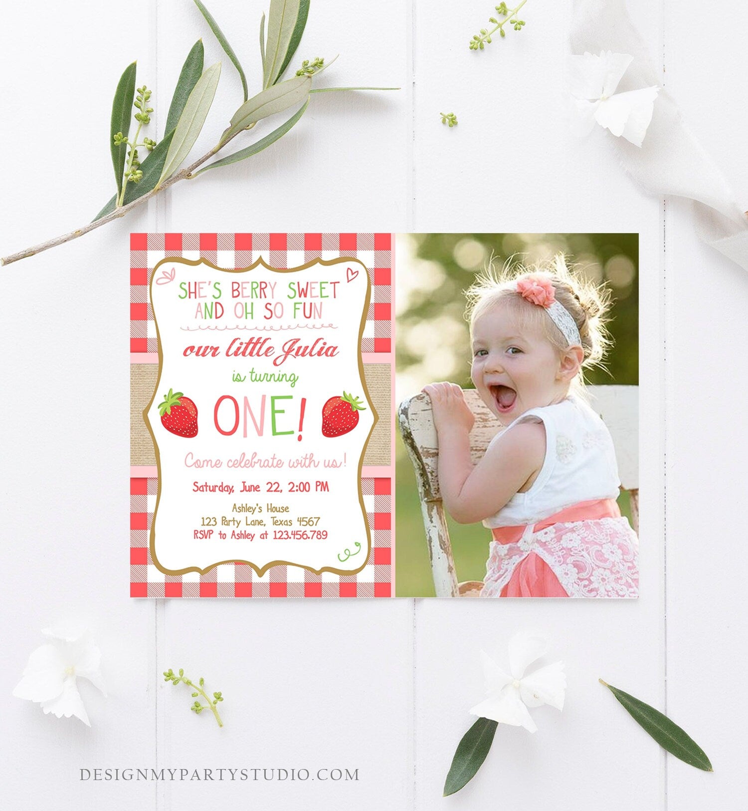 Editable Strawberry Birthday Invitation First Birthday Farmers Market Girl Download Printable Invite ANY AGE Template Corjl Digital 0091