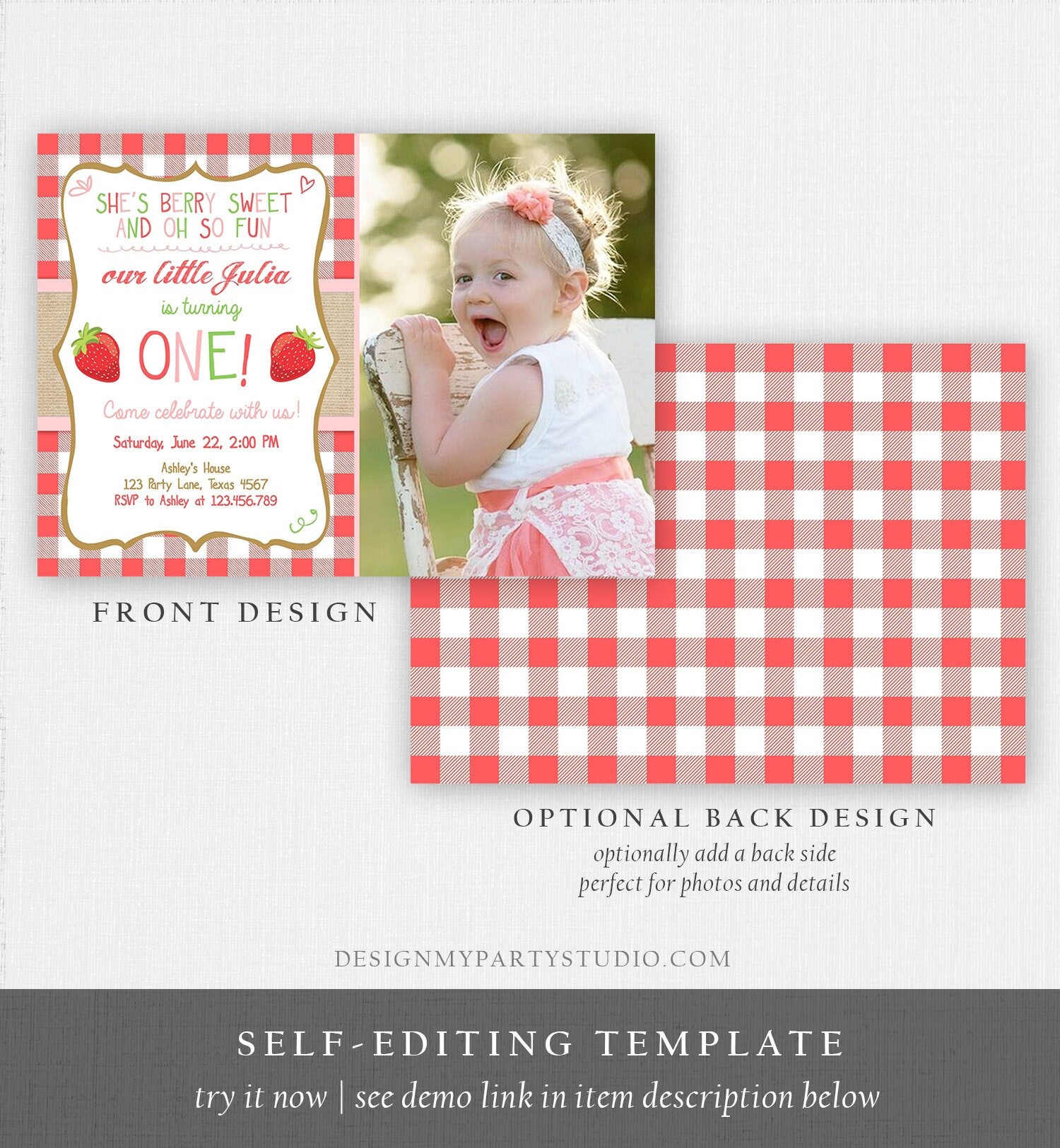 Editable Strawberry Birthday Invitation First Birthday Farmers Market Girl Download Printable Invite ANY AGE Template Corjl Digital 0091