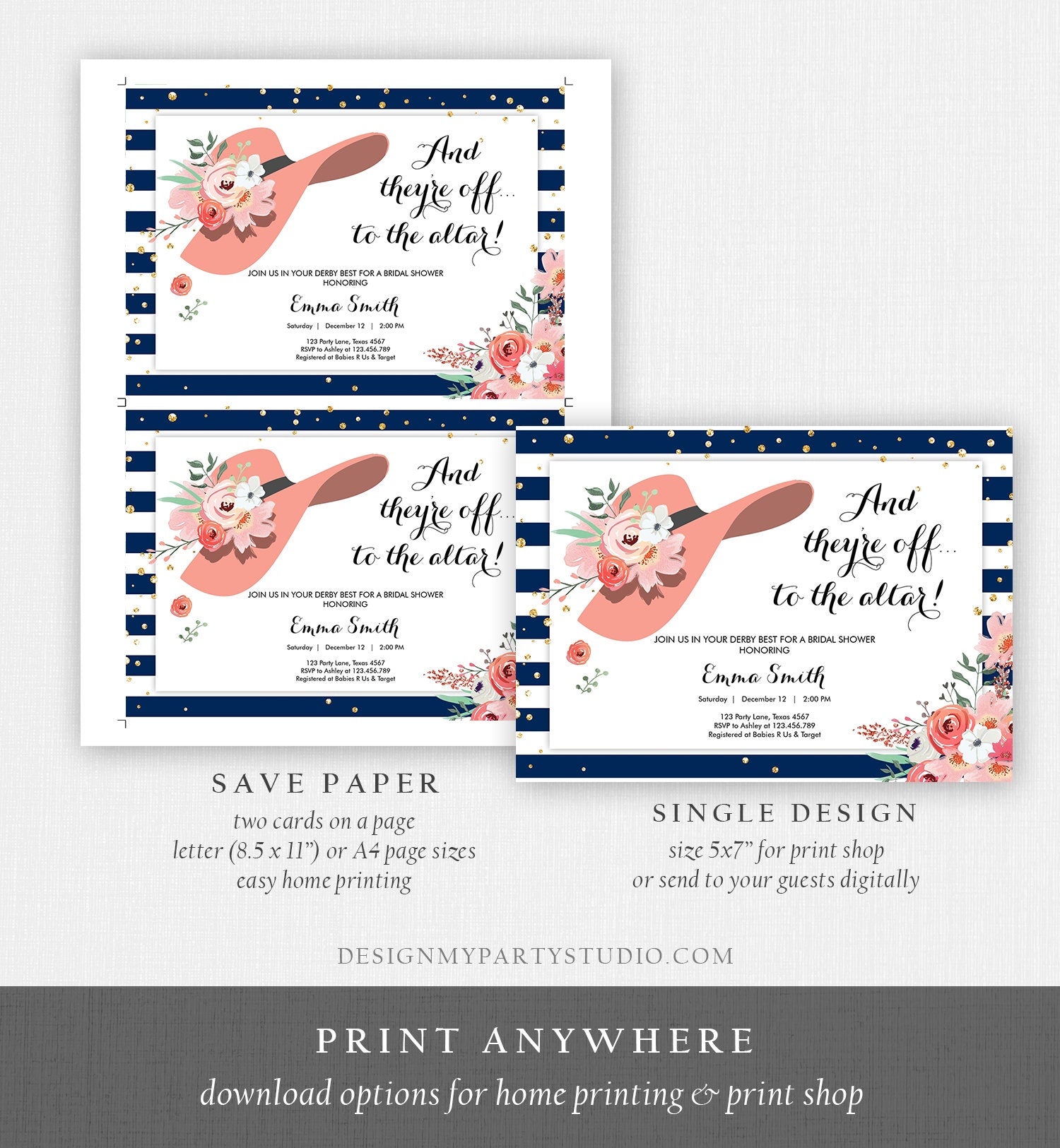 Editable Bridal Shower Invitation Derby Wear a Hat Horse races Floral Rose Gold Blush Pink Navy Blue Download Printable Template Corjl 0249